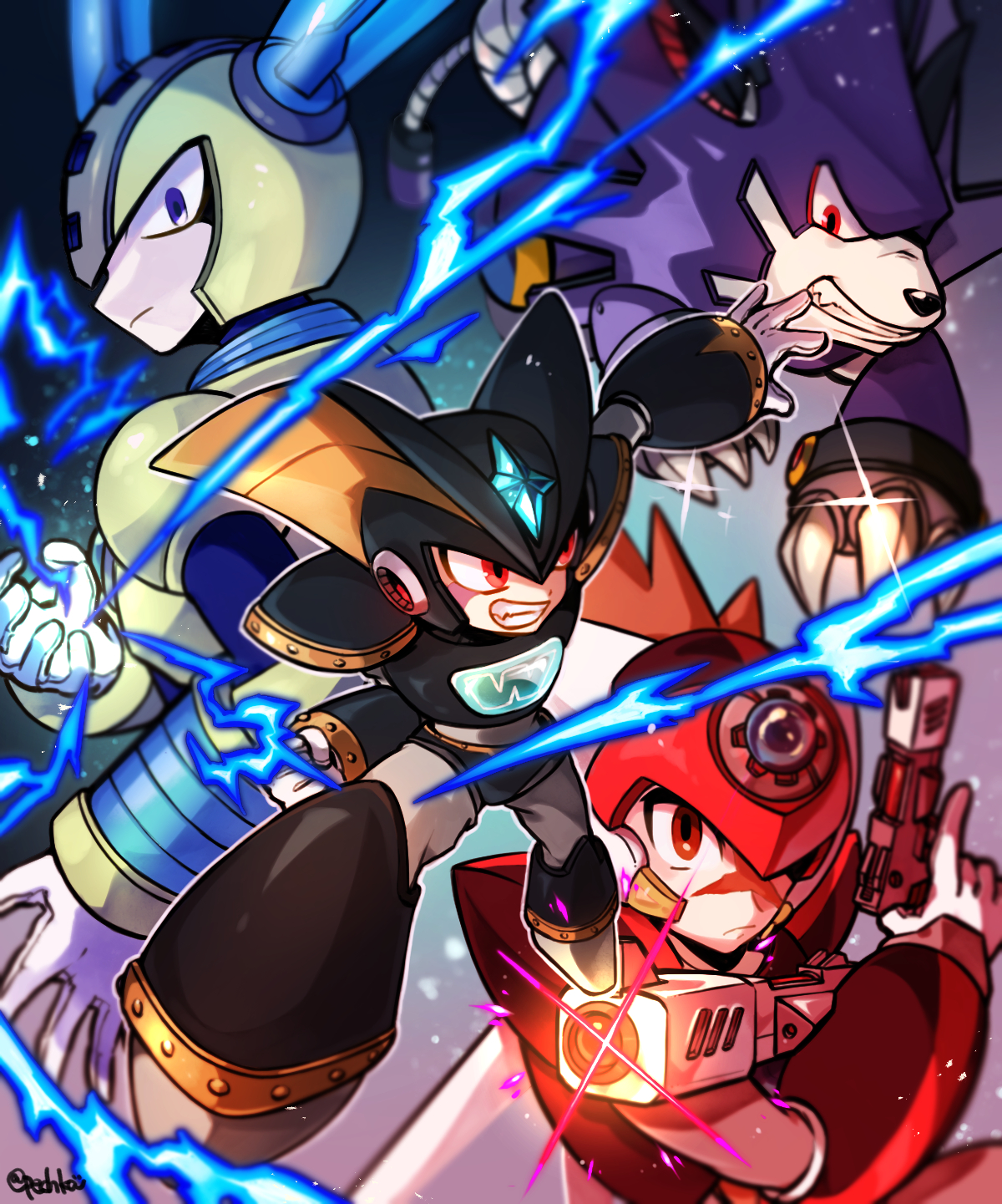 pechka, axl (mega man), bass (mega man), fuse man, treble (mega man), mega man (classic), mega man (series), mega man 11, commentary request, highres, 3boys, bodysuit, closed mouth, dog, glint, gloves, grimace, gun, holding, holding gun, holding weapon, male focus, multiple boys, outstretched arm, red eyes, scar, scar on face, twitter username, weapon, white gloves