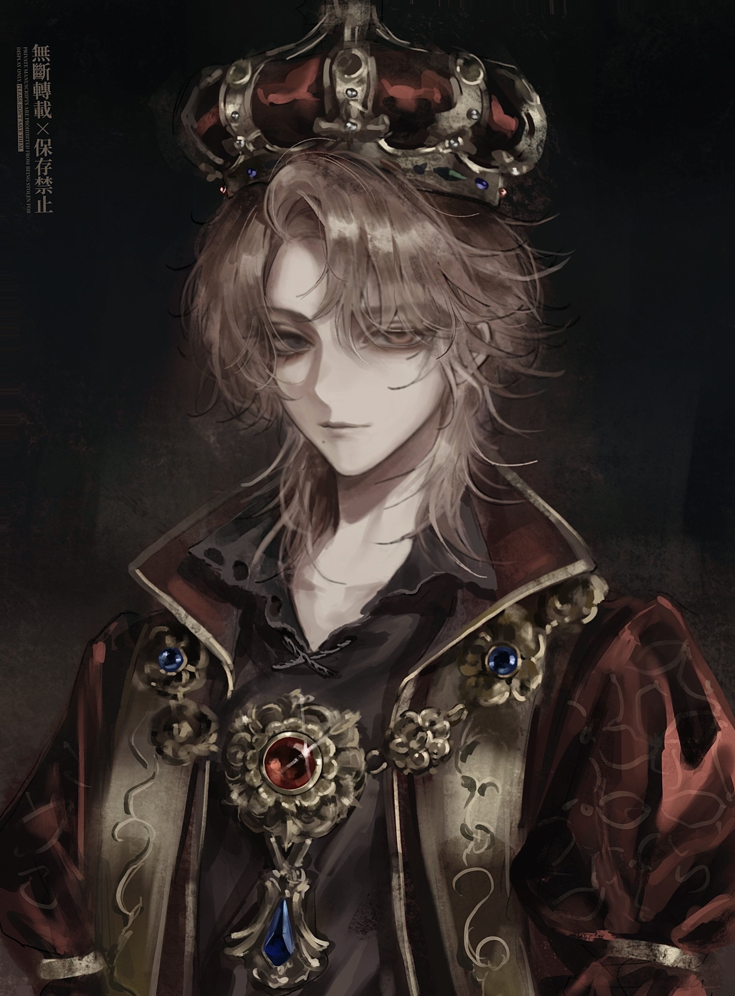 sushisushi iiii, richard sterling (edward beneath the crown), identity v, absurdres, highres, 1boy, bishounen, black shirt, blonde hair, blue gemstone, crown, gem, grey eyes, heterochromia, jacket, king, male focus, medium hair, mole, mole under mouth, official alternate costume, orange eyes, portrait, puffy sleeves, red gemstone, red jacket, richard sterling, shirt, single hair intake, solo