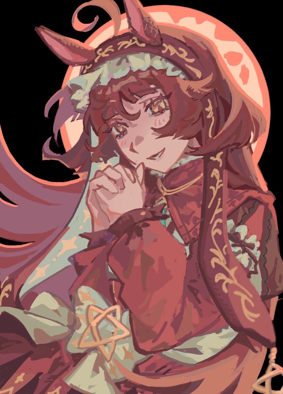 red desire (umamusume), umamusume, highres, 1girl, ahoge, animal ears, blunt bangs, blunt ends, blunt sidelocks, blush, dress, frilled hairband, frills, hair between eyes, hairband, horse ears, horse girl, layered hair, long hair, long sleeves, looking at viewer, own hands clasped, own hands together, red dress, red hair, red hairband, red headdress, red veil, rqnnsw, sidelocks, simple background, smile, solo, star ornament, veil, yellow eyes