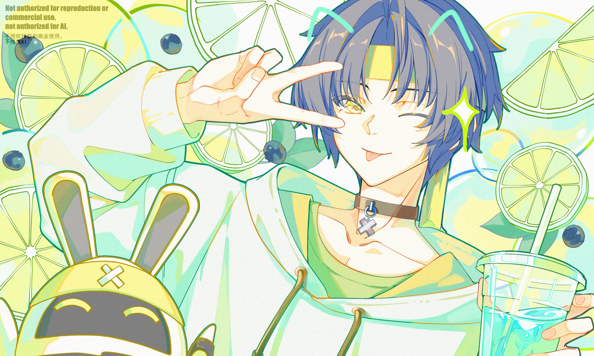 bingzhen h2o, asaba harumasa, asaboo (zenless zone zero), bangboo (zenless zone zero), zenless zone zero, commentary request, highres, 1boy, alternate costume, black choker, black hair, choker, collarbone, drawn ears, drink, drinking straw, food, fruit, green shirt, hand up, headband, holding, holding drink, hood, hoodie, leaf, lemon, lemon slice, lime (fruit), lime slice, looking at viewer, male focus, one eye closed, parted bangs, shirt, short hair, sparkle, tongue, tongue out, upper body, v, v over eye, yellow eyes, yellow headband