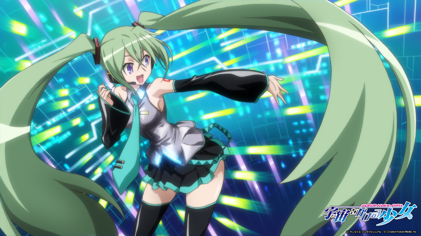 hachune miku, hatsune miku, kannagi itsuki, sora wo kakeru shoujo, vocaloid, 1girl, armpits, bare shoulders, cosplay, detached sleeves, female focus, green hair, happy, hatsune miku (cosplay), headphones, headset, leaning forward, long hair, nail polish, necktie, purple eyes, skirt, solo, tattoo, thighhighs, twintails, very long hair, zettai ryouiki