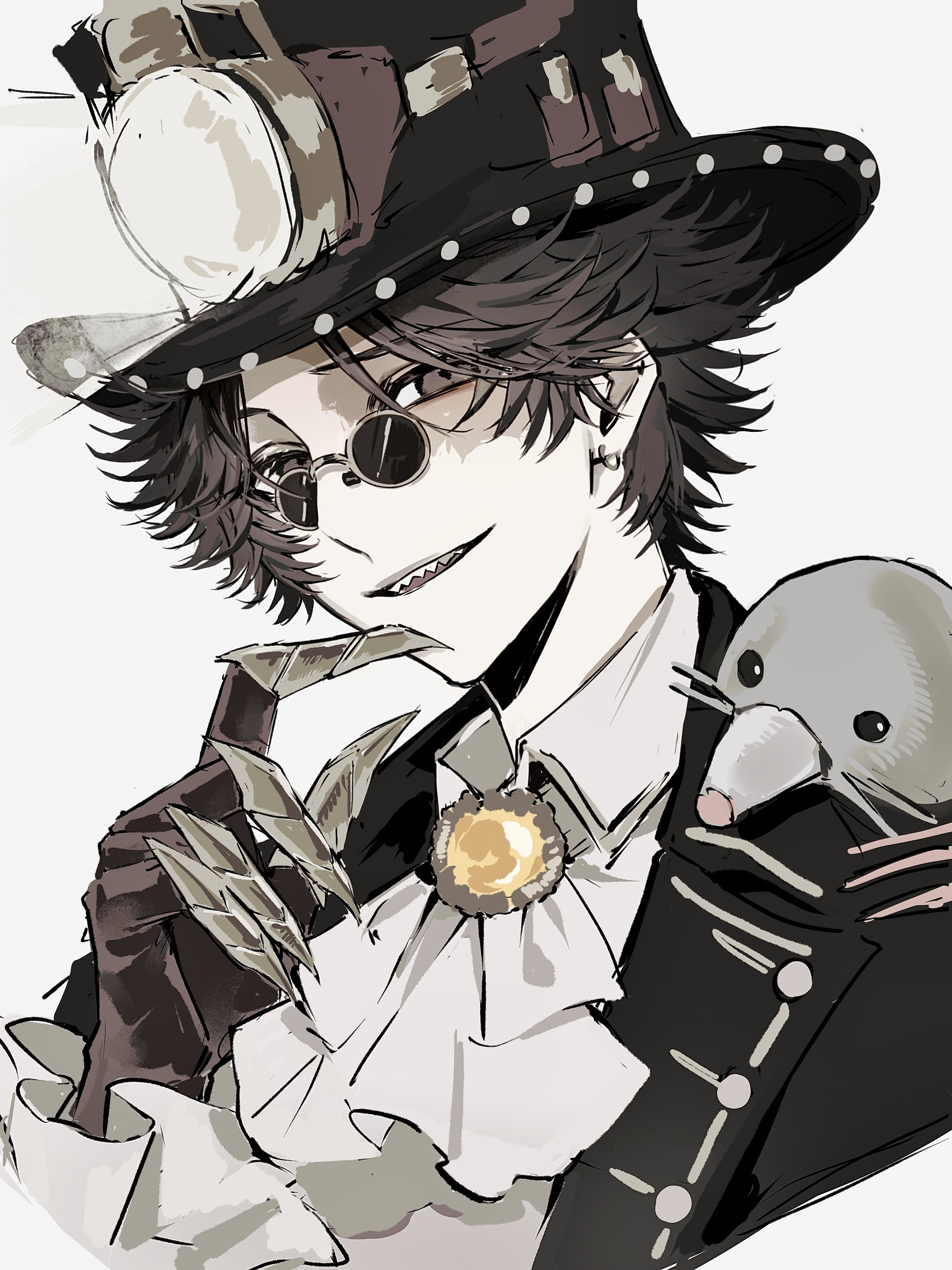 sushisushi iiii, norton campbell, norton campbell (mr. mole), identity v, absurdres, highres, 1boy, animal, animal on shoulder, ascot, black jacket, bridge piercing, brown eyes, brown gloves, brown hair, claws, earrings, face piercing, finger to own chin, frilled sleeves, frills, gem, glasses, gloves, gold teeth, hat, hat lantern, head tilt, jacket, jewelry, looking at viewer, male focus, mole, official alternate costume, piercing, pince-nez, portrait, raised inner eyebrows, scar, scar across eye, scar on face, sharp teeth, shirt, smirk, solo, teeth, top hat, white ascot, white shirt, yellow gemstone