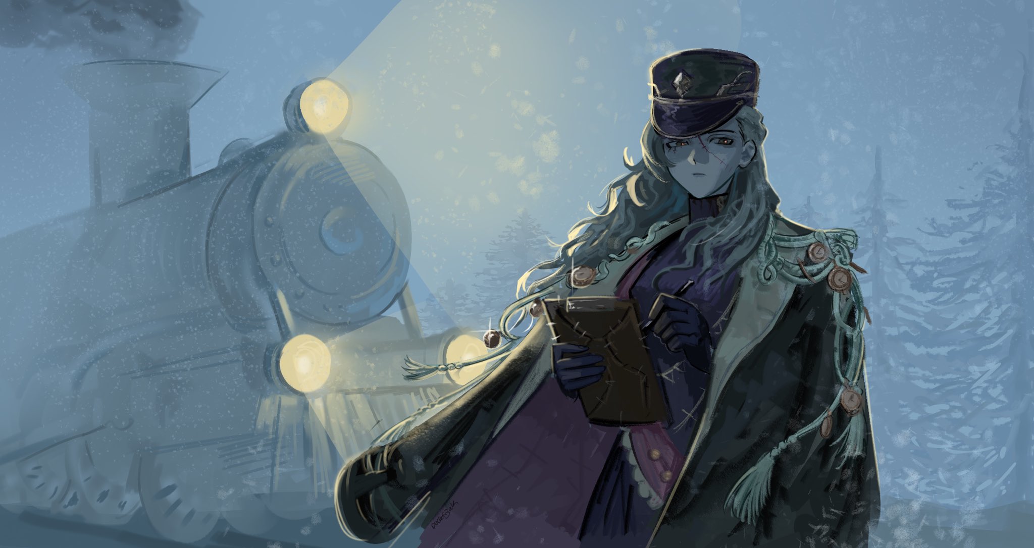 reverse:1999, highres, 1girl, backlighting, black coat, black dress, black gloves, black hat, blue sky, brown eyes, brown hair, clipboard, coat, coat on shoulders, corvus (reverse:1999), dress, fragrance, gloves, hat, holding, holding clipboard, holding pen, locomotive, long hair, looking at viewer, peaked cap, pen, pine tree, red sash, sash, shoulder sash, sky, solo, steam locomotive, stitched face, stitches, train, tree, upper body, writing