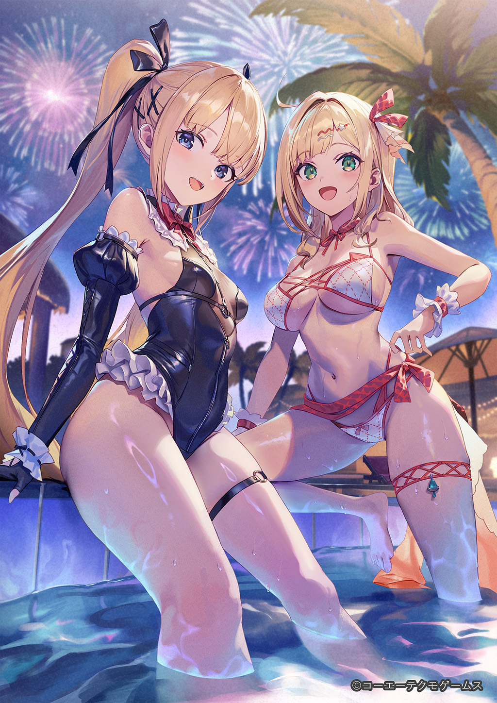 gesoking, alvina zimlock, marie rose, atelier (series), atelier resleriana, dead or alive, dead or alive xtreme, commentary request, highres, second-party source, 2girls, aerial fireworks, arm support, bikini, black gloves, black one-piece swimsuit, black ribbon, blonde hair, blue eyes, breasts, copyright notice, elbow gloves, fireworks, frilled wristband, gloves, green eyes, hair intakes, hair ribbon, large breasts, long hair, looking at viewer, multiple girls, navel, o-ring, o-ring thigh strap, one-piece swimsuit, open mouth, palm tree, red trim, ribbon, small breasts, smile, soaking feet, swimsuit, thigh strap, tree, twintails, water, white bikini