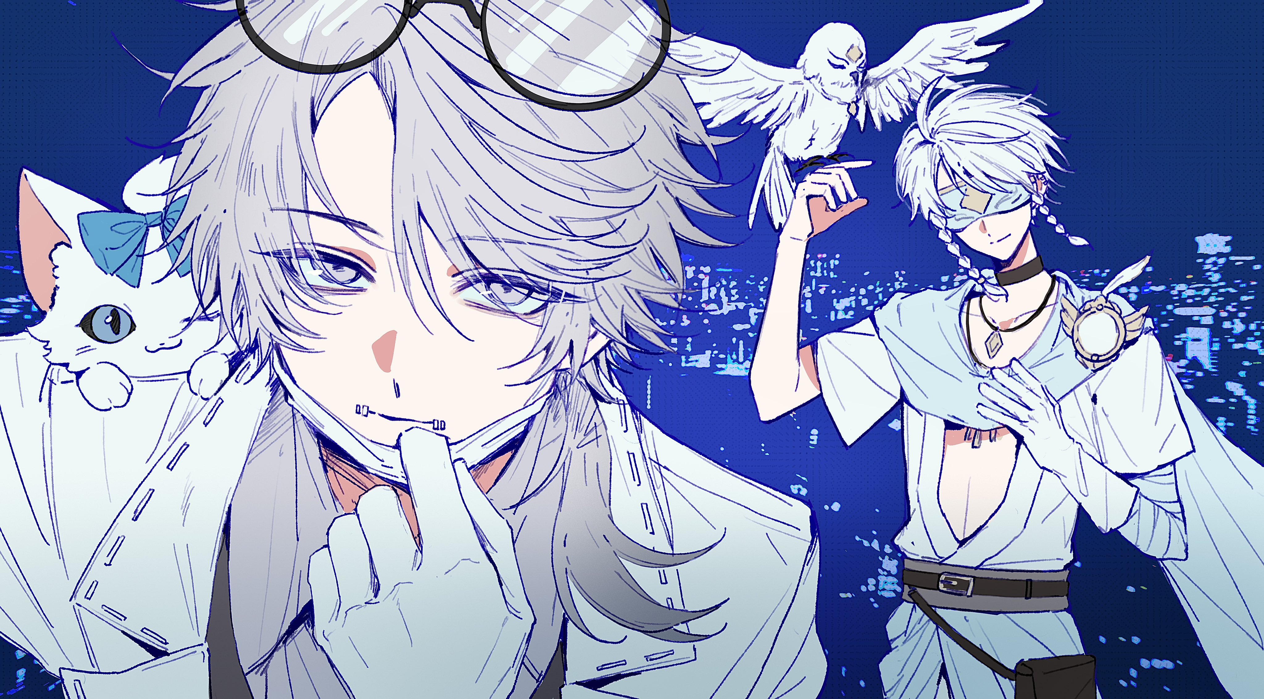 sushisushi iiii, aesop carl, aesop carl ("gatto"), eli clark, eli clark ("white"), identity v, absurdres, highres, 2boys, animal, animal on shoulder, bandaged arm, bandages, bird, bird on hand, black choker, blindfold, blue background, blue scarf, braid, brooch, cat, cat on shoulder, choker, city lights, coat, expressionless, eyewear on head, glasses, gloves, grey eyes, grey hair, grey shirt, jewelry, lab coat, leaning forward, light smile, looking at viewer, male focus, mask, mask pull, mouth mask, multiple boys, owl, pendant, plunging neckline, ponytail, robe, round eyewear, scarf, shirt, single glove, stitched mouth, stitches, twin braids, white coat, white gloves, white hair, white robe, white theme