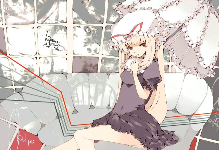 makino (pixiv), yakumo yukari, touhou, bad id, bad pixiv id, 1girl, blonde hair, couch, dress, female focus, frills, indoors, long hair, purple eyes, solo, umbrella