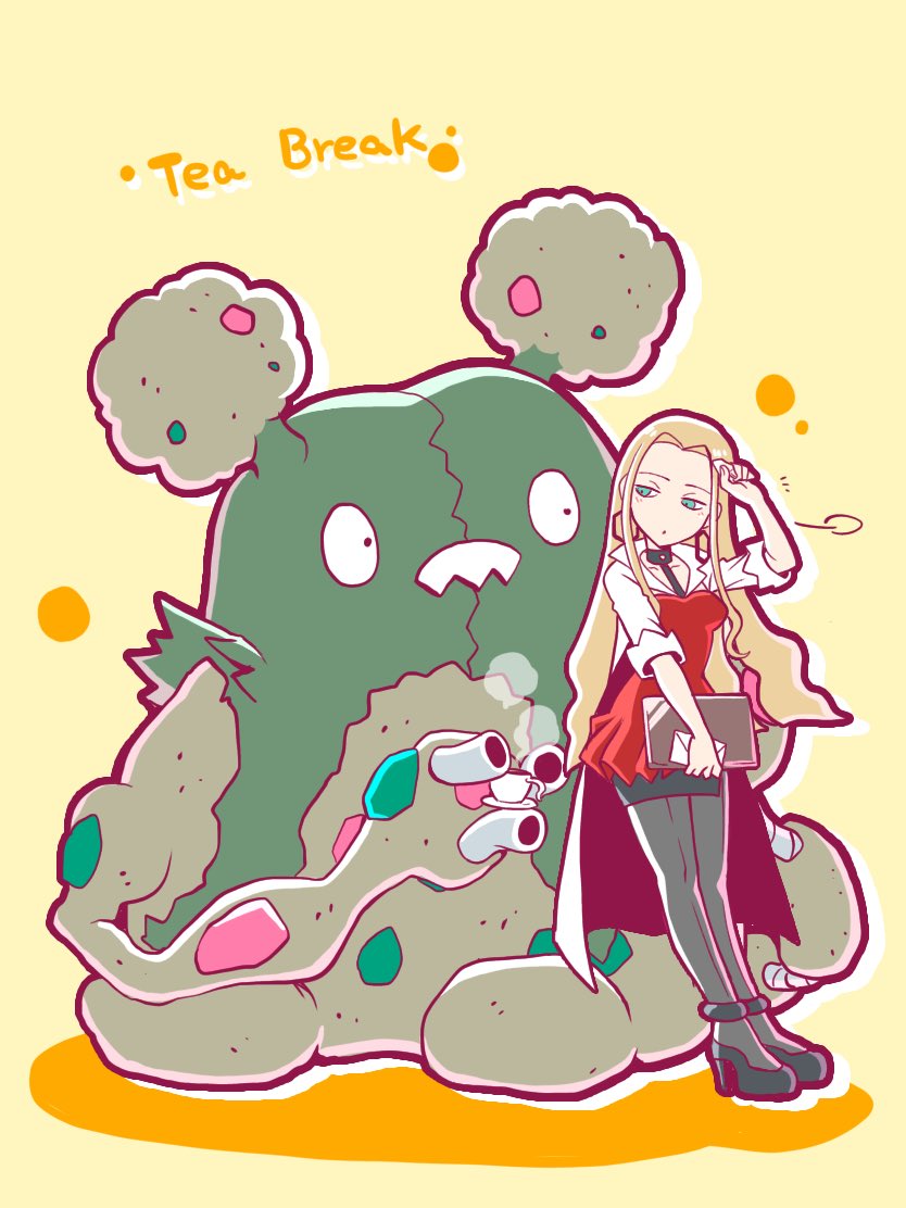 nagi (exsit00), garbodor, oleana (pokemon), nintendo, pokemon, pokemon swsh, commentary request, 1girl, aqua eyes, black shoes, black skirt, blonde hair, breasts, closed mouth, coat, collarbone, cup, dot mouth, earrings, english text, gen 5 pokemon, grey pantyhose, hair intakes, high heels, holding, holding cup, holding plate, jewelry, long hair, open clothes, open coat, pantyhose, plate, pokemon (creature), red shirt, sharp teeth, shirt, shoes, sidelocks, skirt, steam, tea, teacup, teeth, white coat