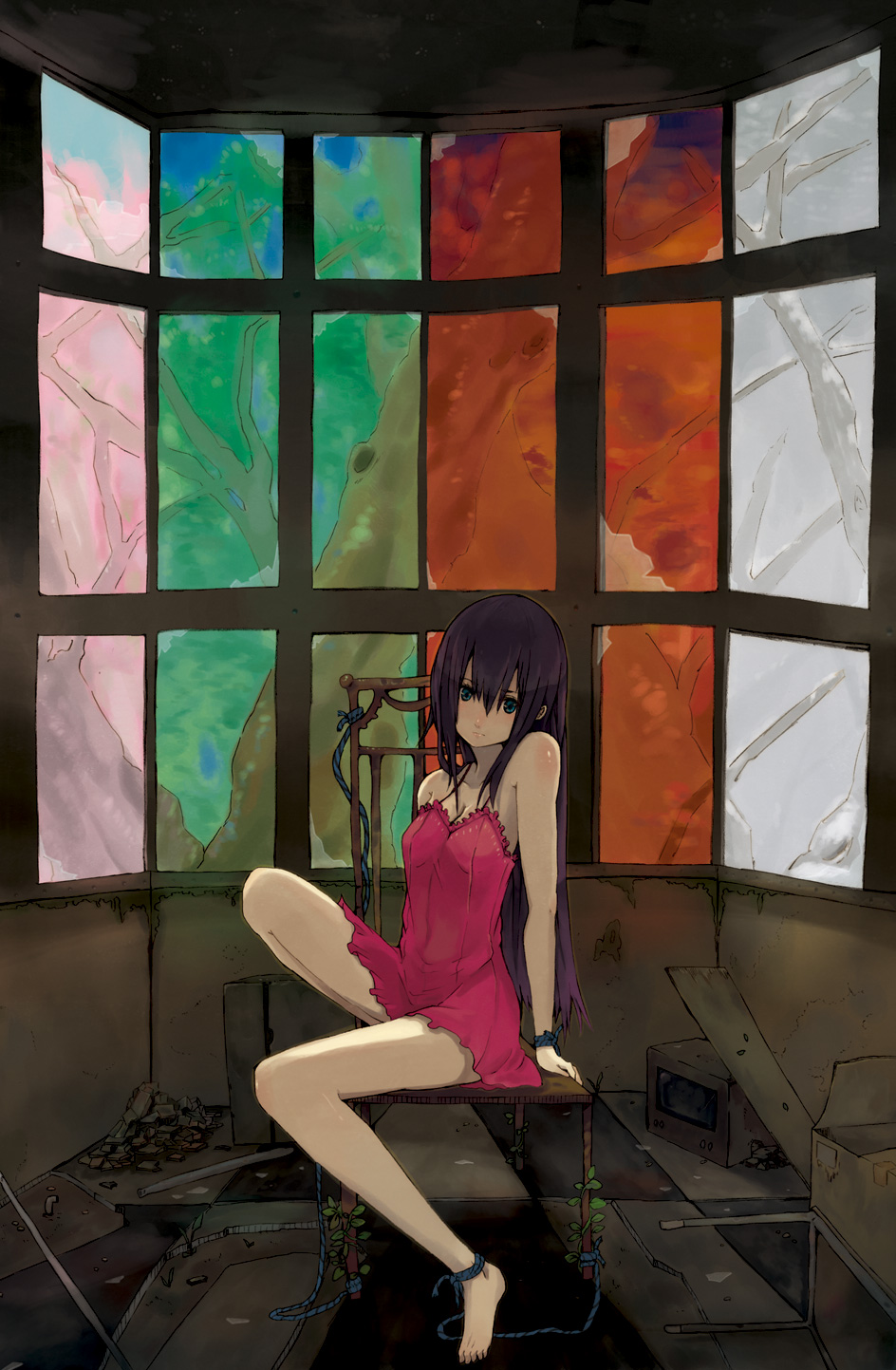 hrd, original, highres, 1girl, bare shoulders, barefoot, bdsm, blue eyes, blue rope, bondage, bound, chair, chemise, dress, feet, female focus, green eyes, legs, long hair, pink dress, purple hair, rope, seasons, short dress, solo, television, tree, window