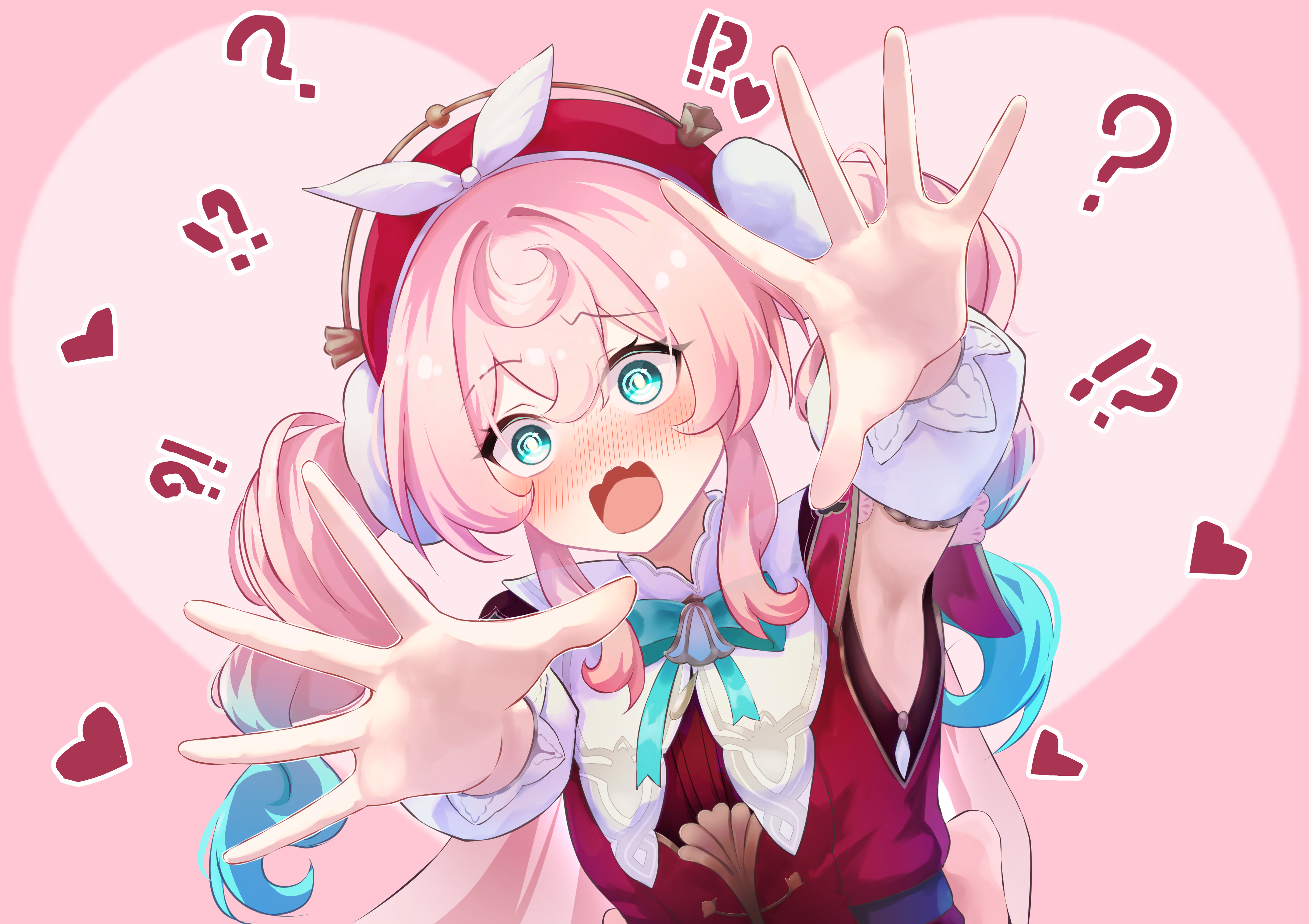 memeiradesuyo, hyacine (honkai: star rail), honkai: star rail, honkai (series), absurdres, commentary request, highres, !?, 1girl, ?, @ @, aqua bow, aqua bowtie, aqua eyes, armpits, blue hair, blush, bow, bowtie, dress, drill hair, gradient hair, hair between eyes, hat, heart, long hair, looking at viewer, multicolored hair, nose blush, open mouth, pink background, pink hair, reaching, reaching towards viewer, red dress, red hat, simple background, solo, twin drills, twintails, upper body