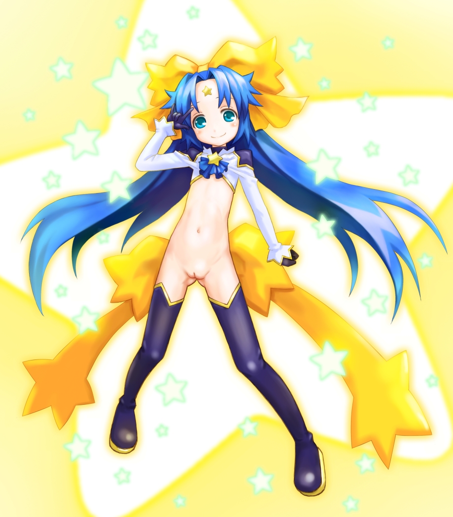 mzd421, seirei stella, shinrabanshou, 1girl, blue eyes, blue hair, blush, female focus, forehead, hair ribbon, loli, long hair, m/, matching hair/eyes, nude, pussy, ribbon, smile, solo, thighhighs, twintails, uncensored