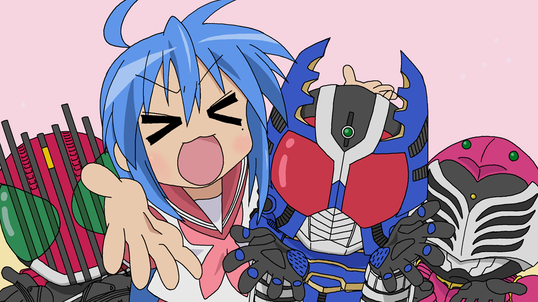 gangado, izumi konata, kamen rider decade, kamen rider gatack, kamen rider raia, kamen rider, kamen rider dcd, kamen rider kabuto (series), kamen rider ryuki (series), lucky star, motteke! serafuku, > <, 1girl, 3boys, ahoge, closed eyes, crossover, mole, mole under eye, multiple boys, name connection, parody