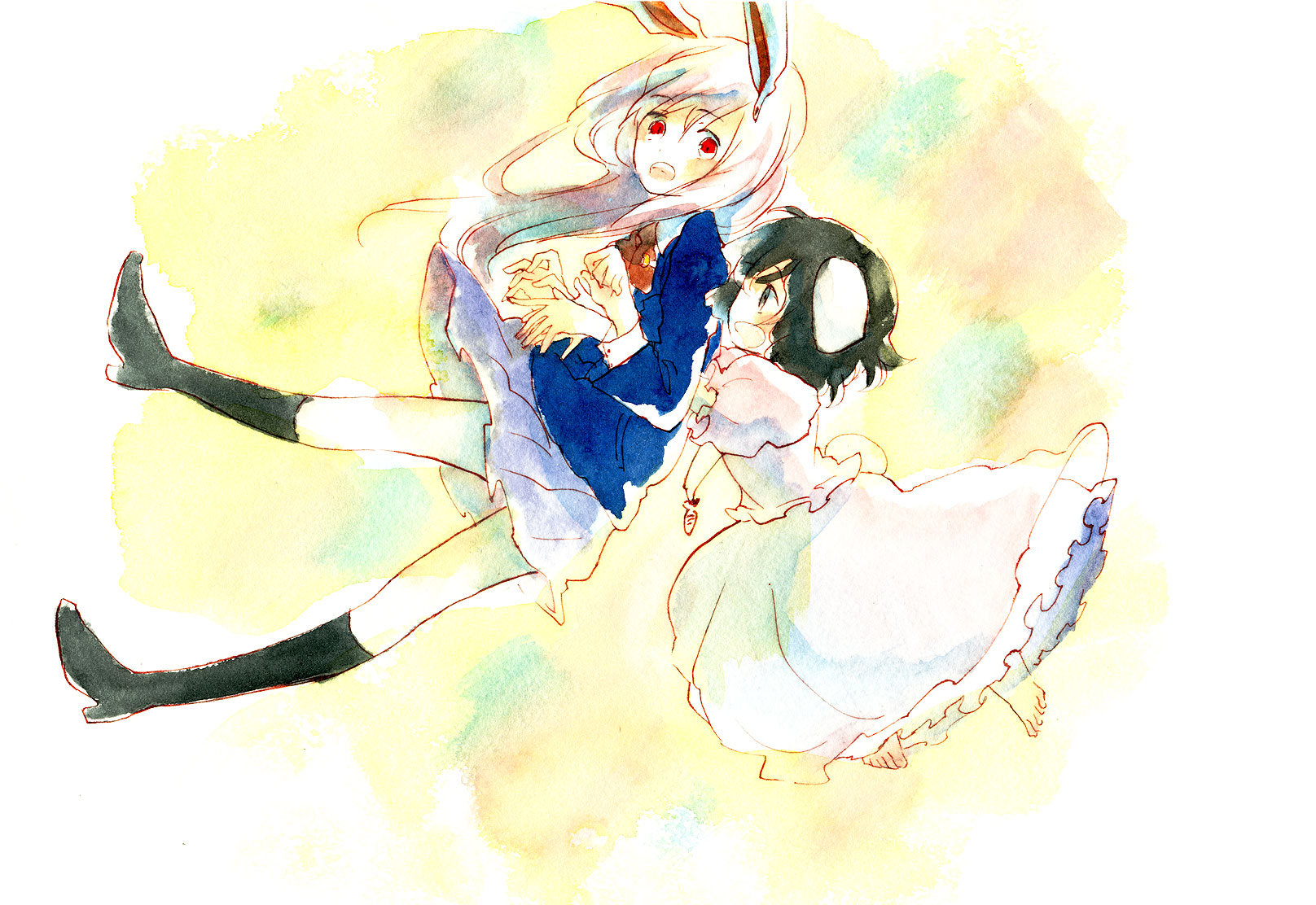 sugi, inaba tewi, reisen udongein inaba, touhou, bad id, bad pixiv id, highres, painting (medium), traditional media, watercolor (medium), 2girls, animal ears, blazer, female focus, hug, jacket, multiple girls, rabbit ears