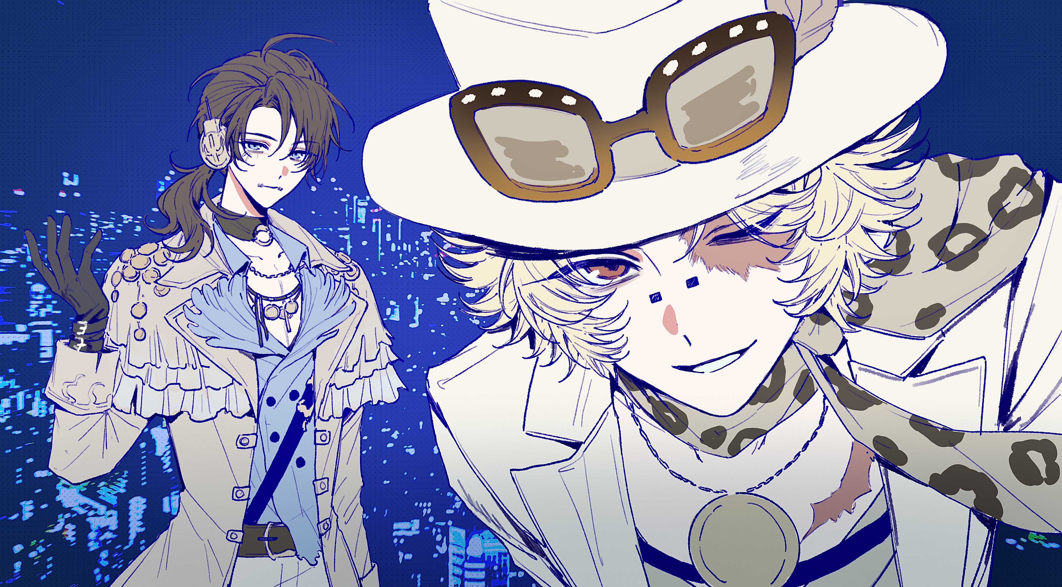 sushisushi iiii, naib subedar, naib subedar (cabinet of curiosities), norton campbell, norton campbell (dazzling lone wolf), identity v, absurdres, highres, 2boys, animal print, belt, blonde hair, blue background, blue eyes, blue shirt, brown belt, brown capelet, brown coat, brown gloves, brown hair, capelet, city lights, coat, eyewear on headwear, gloves, grin, hair intakes, hat, jacket, leaning forward, leopard print, looking at viewer, male focus, multiple boys, official alternate costume, one eye closed, ponytail, print scarf, red eyes, scar, scar on chest, scarf, shirt, smile, sunglasses, white hat, white jacket