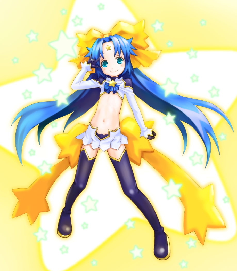 mzd421, seirei stella, shinrabanshou, 1girl, blue eyes, blue hair, blush, child, female focus, forehead, hair ribbon, long hair, m/, matching hair/eyes, midriff, miniskirt, ribbon, skirt, smile, solo, thighhighs, twintails