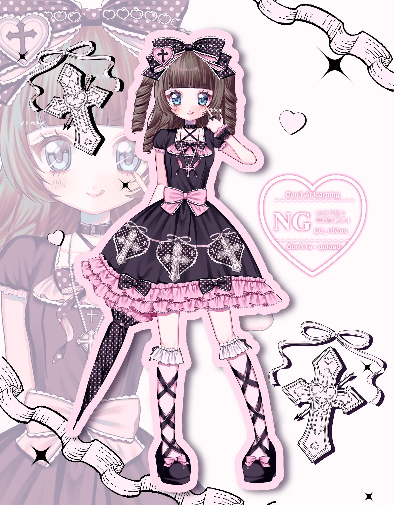 yuni (s ribbon), original, commentary, highres, symbol-only commentary, 1girl, accurate lolita coord, black bow, black dress, black shoes, blush, bow, brown hair, cross, cross print, dress, fashion, frilled dress, frills, full body, gothic lolita, hair bow, heart, holding, holding umbrella, jewelry, lolita fashion, long hair, looking at viewer, necklace, pink bow, pink socks, polka dot, polka dot bow, ringlets, shoes, short sleeves, smile, socks, solo, standing, sweet lolita, umbrella, watermark, zoom layer