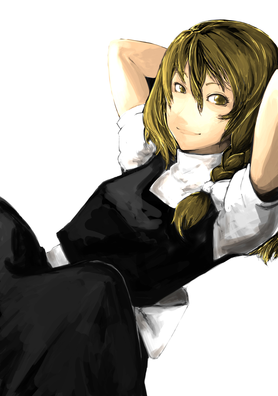 saboten, kirisame marisa, touhou, highres, 1girl, black dress, blonde hair, blush, brown hair, dress, female focus, looking to the side, puffy short sleeves, puffy sleeves, short sleeves, simple background, solo, upper body, white background