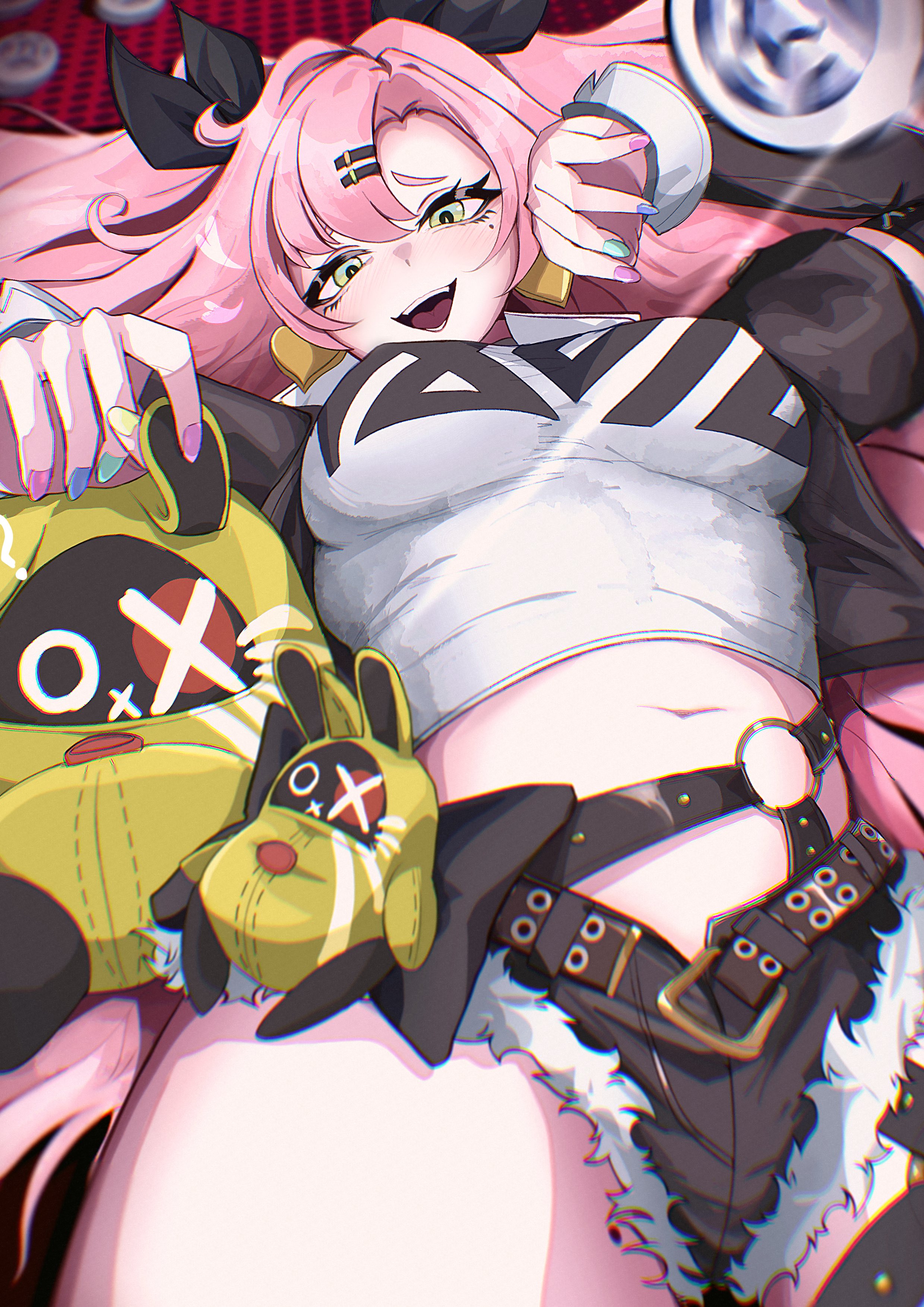 yama kabosu, amillion (zenless zone zero), bangboo (zenless zone zero), nicole demara, zenless zone zero, absurdres, hashtag-only commentary, highres, 1girl, black ribbon, black shorts, blurry, blurry background, blurry foreground, blush, breasts, coin, cowboy shot, cutoffs, earrings, fur-trimmed shorts, fur trim, green eyes, hair ornament, hairclip, heart, heart earrings, holding, holding stuffed toy, jewelry, large breasts, long hair, looking at viewer, lying, micro shorts, midriff, mole, mole on thigh, mole under eye, motion blur, multicolored nails, navel, on back, open mouth, pink hair, ribbon, shorts, solo, strapless, stuffed animal, stuffed toy, thighs, tube top, two side up, white tube top