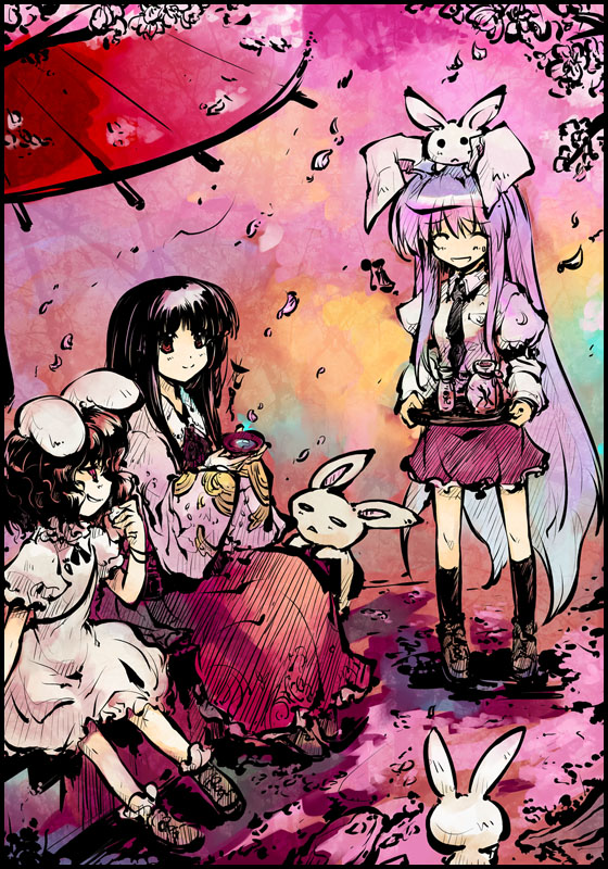 tokiame, houraisan kaguya, inaba tewi, reisen udongein inaba, touhou, 3girls, alcohol, animal ears, cup, female focus, long hair, multiple girls, oil-paper umbrella, petals, rabbit, rabbit ears, sake, short hair, sitting, smile, umbrella