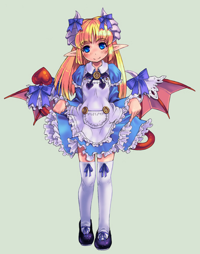 kenkou cross, alice (monster girl encyclopedia), monster girl encyclopedia, original, bad id, bad pixiv id, lowres, official art, 1girl, bat wings, blonde hair, blue eyes, blush, clothes lift, demon tail, dress, dress lift, female focus, frills, horns, loli, long hair, monster girl, pointy ears, solo, tail, thighhighs, white thighhighs, wings