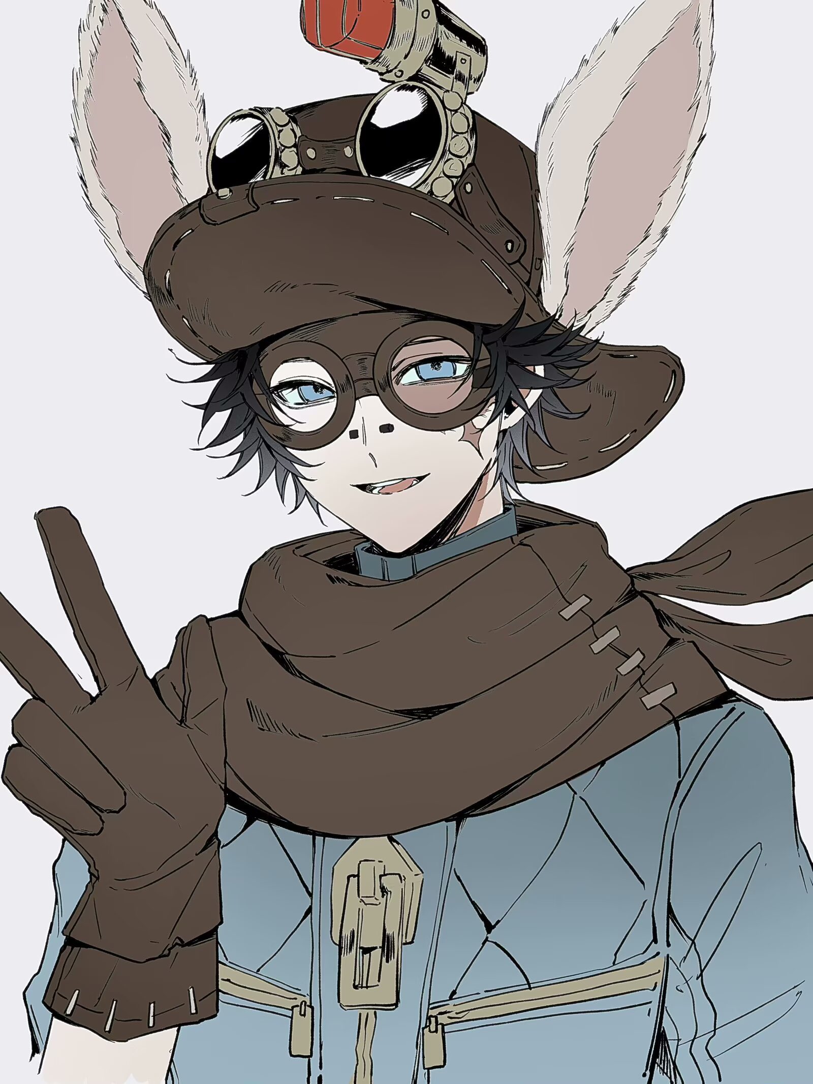 sushisushi iiii, norton campbell, identity v, hashtag-only commentary, highres, 1boy, animal ears, bandana, black hair, blue eyes, blue jacket, bridge piercing, brown bandana, brown gloves, brown hat, face piercing, gloves, goggles, goggles on headwear, hat, jacket, looking at viewer, male focus, norton campbell (two-faced), official alternate costume, piercing, short hair, solo, upper body, w