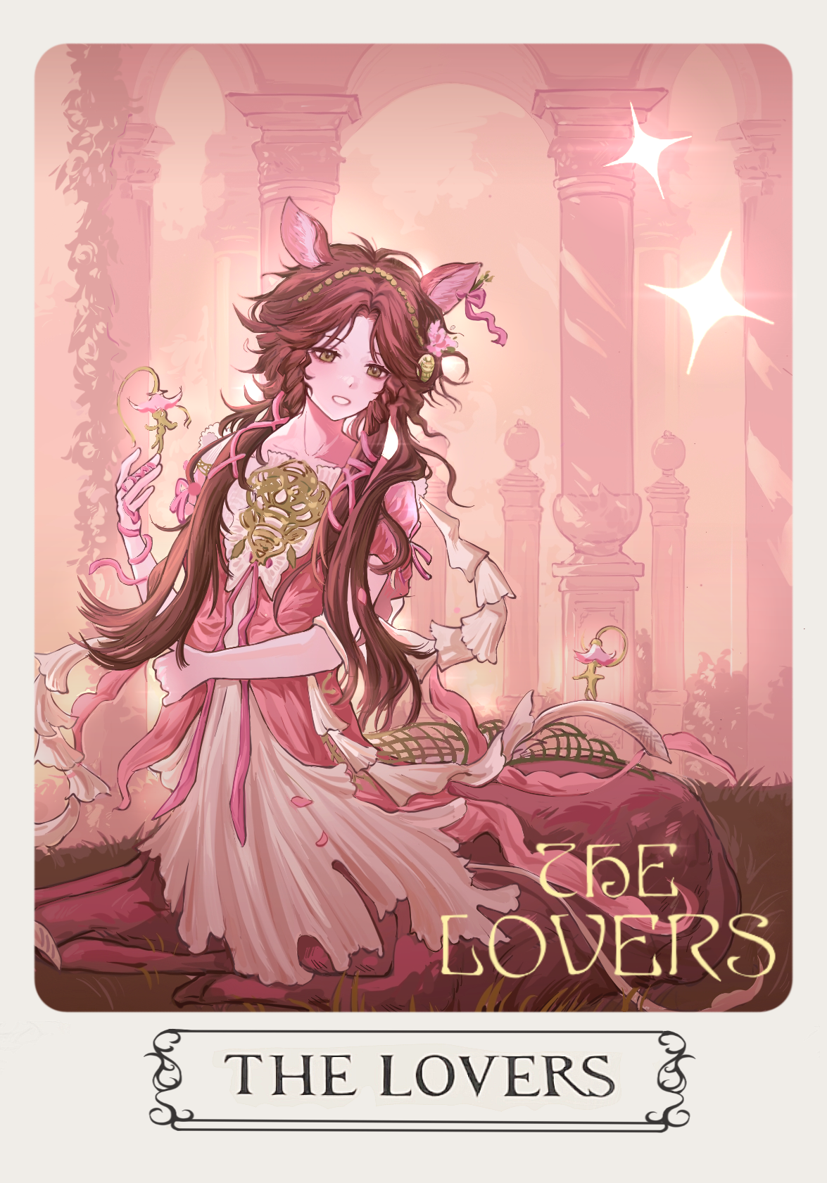 jessica (reverse:1999), jessica (the sound of paradise) (reverse:1999), reverse:1999, highres, 1girl, animal ears, border, brown hair, centauroid, deer ears, deer girl, dress, english text, flower, green eyes, grey border, grin, hair flower, hair ornament, hair over shoulder, hair ribbon, hand up, long hair, looking down, low twintails, official alternate costume, pillar, pink background, pink dress, pink flower, pink ribbon, ribbon, short sleeves, shuoyaori xianding, sitting, smile, solo, sparkle, taur, twintails