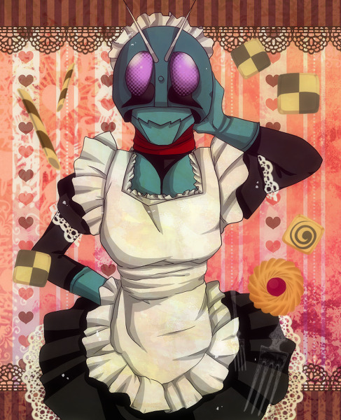 kamen rider 1, kamen rider, kamen rider (1st series), bad id, bad pixiv id, 1boy, antennae, apron, arm behind back, armor, armor under clothes, bodysuit, chocolate, cookie, crossdressing, dress, food, frilled background, frilled dress, frills, gloves, green armor, hand on own head, heart, heart background, helmet, maid, maid apron, maid headdress, male focus, mask, masked, masked male, red scarf, scarf, wafer stick