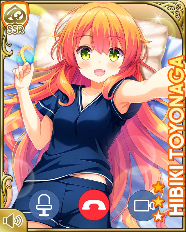 qp:flapper, toyonaga hibiki, girlfriend (kari), tagme, 1girl, arm up, barefoot, bed, bedroom, blue shirt, blue shorts, card (medium), character name, day, fang, green eyes, indoors, lying, mobile phone, on back, open mouth, orange hair, outstretched arm, pillow, shirt, shorts, sleepwear, smile
