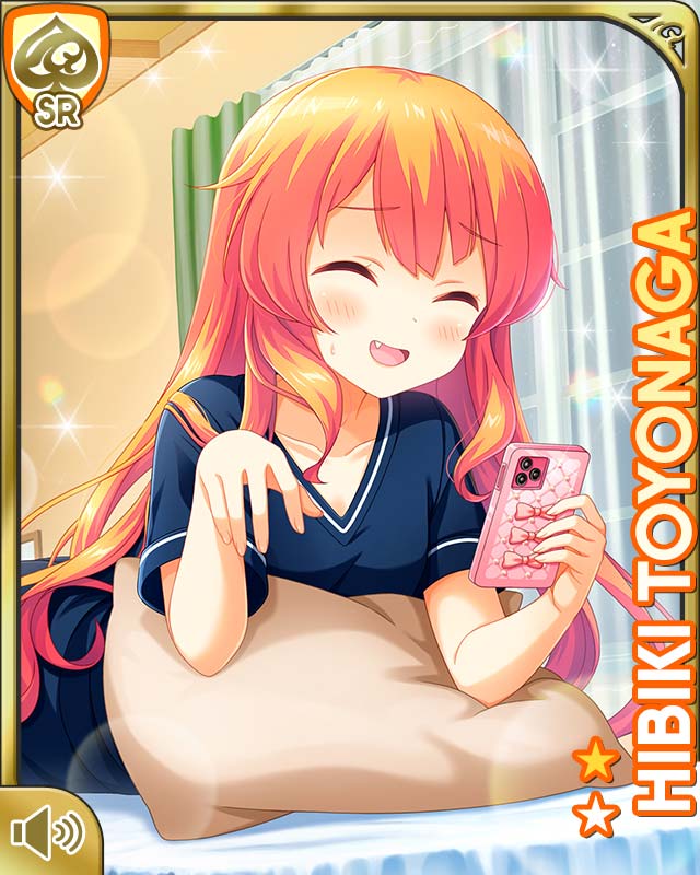 qp:flapper, toyonaga hibiki, girlfriend (kari), tagme, 1girl, barefoot, bed, bedroom, blue shirt, blue shorts, card (medium), character name, closed eyes, day, fang, green eyes, indoors, lying, mobile phone, on stomach, open mouth, orange hair, pillow, shirt, shorts, sleepwear, smile