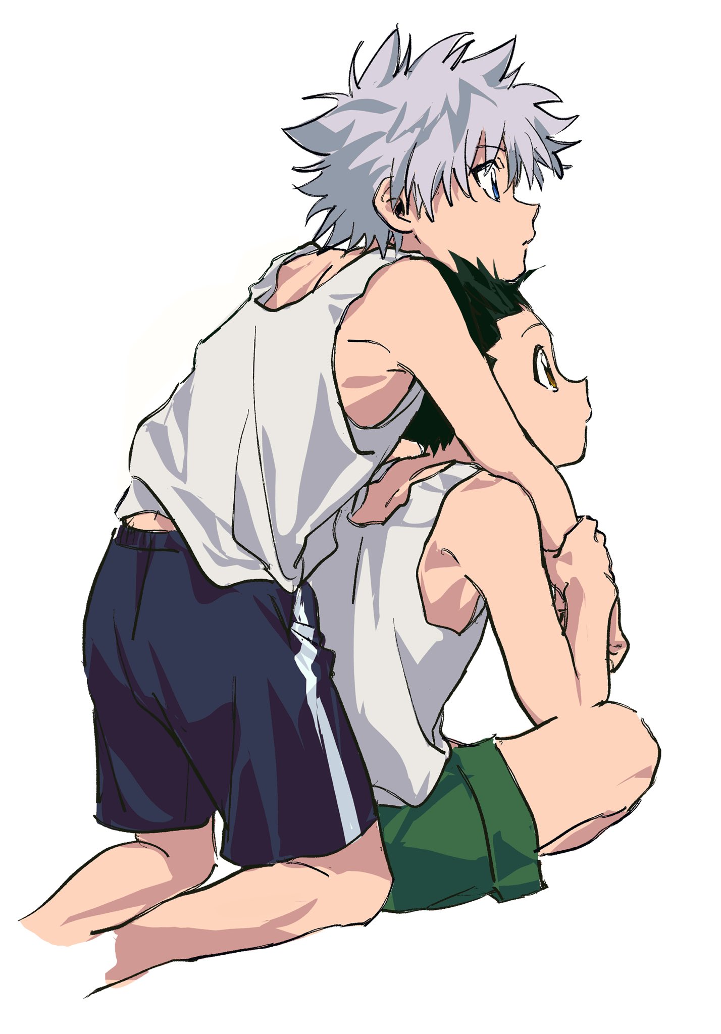 sgossho, gon freecss, killua zoldyck, hunter x hunter, 2boys, head on another’s head, male focus, multiple boys, shirt, short hair, shorts, sitting, sleeveless, sleeveless shirt, tank top, white background, white tank top
