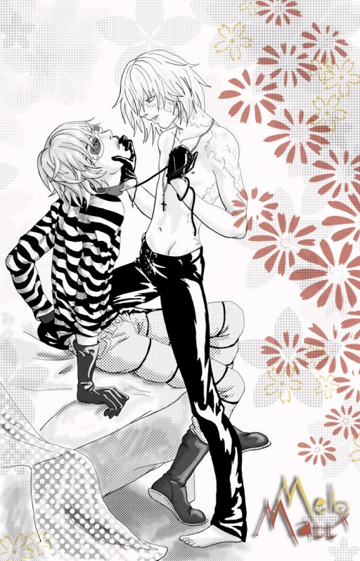 mail jeevas, matt (death note), mello (death note), death note, shueisha, domination, 00s, 2boys, bdsm, bondage, bound, collar, flower, goggles, izar, leather, male focus, mihael keehl, multiple boys, partially colored, rosary, scar, submission, yaoi
