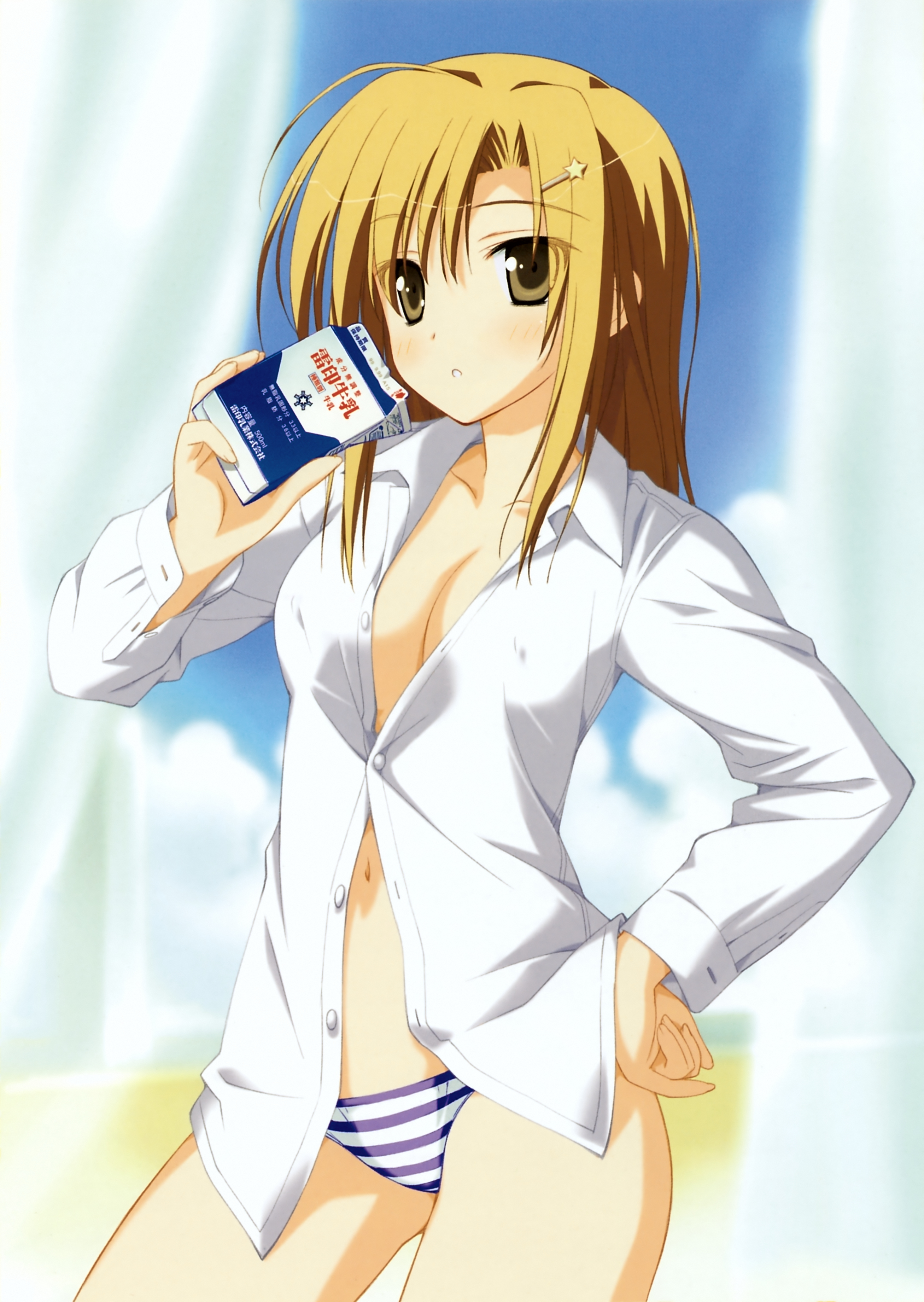 shida kazuhiro, akashizawa miru, stellar theater, absurdres, highres, 1girl, blonde hair, breasts, covered erect nipples, dress shirt, female focus, hair ornament, hairclip, milk, open clothes, open shirt, panties, shirt, short hair, small breasts, solo, striped clothes, striped panties, underwear, yellow eyes