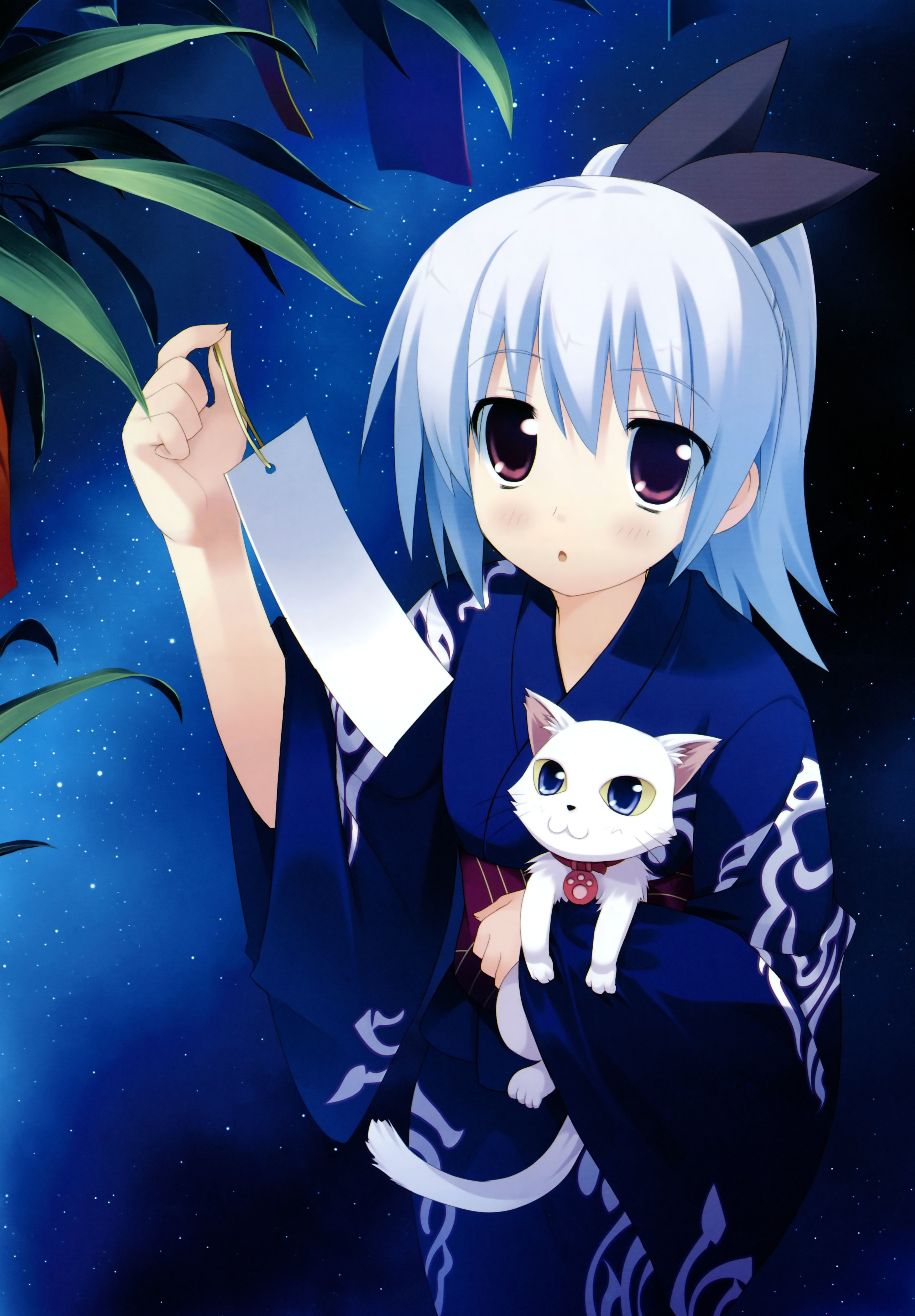 kiba satoshi, koizumi mayu, hidamari basket, absurdres, highres, blue hair, cat, japanese clothes, kimono, purple eyes, solo, tanabata, tanzaku
