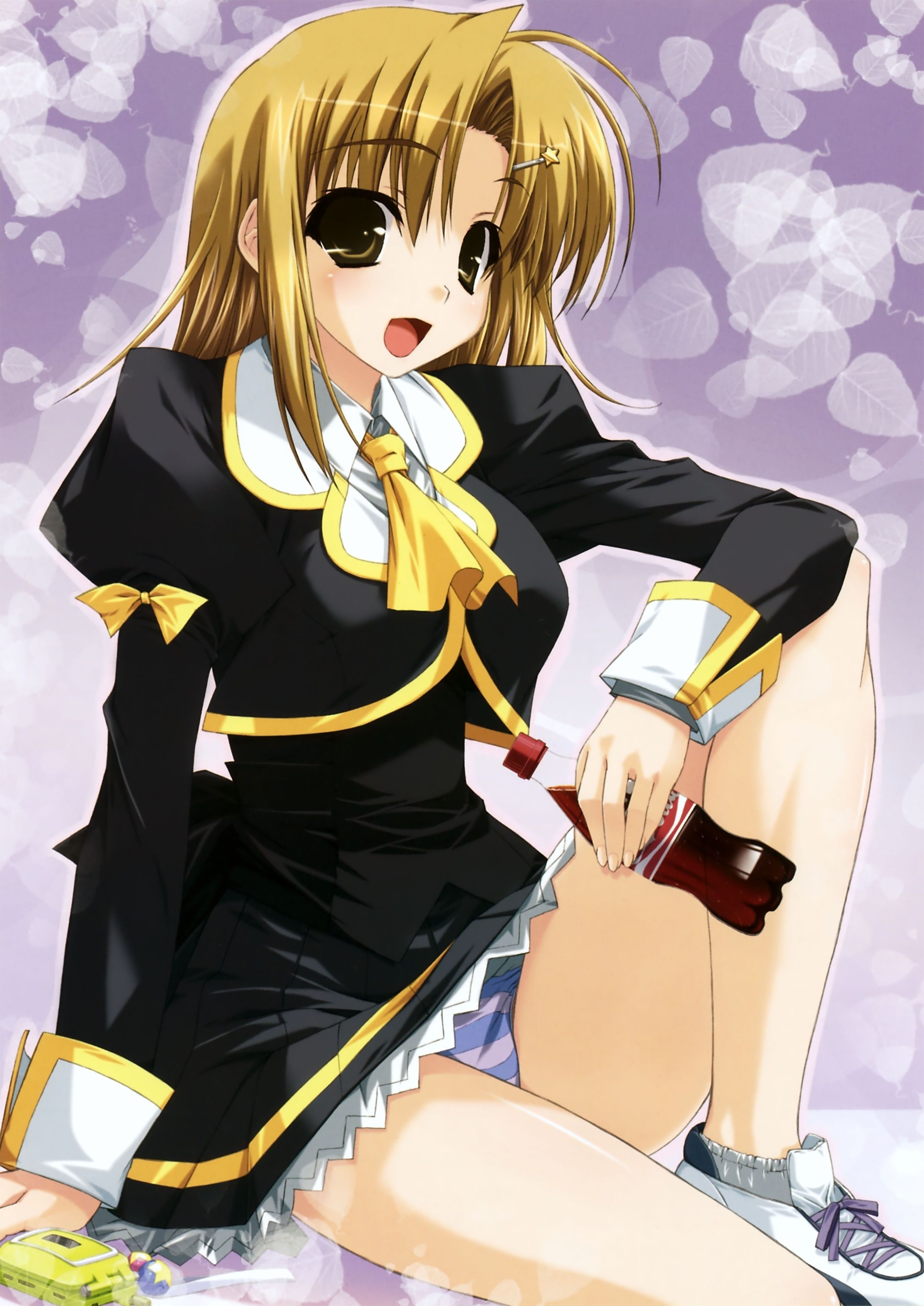 shintarou, akashizawa miru, coca-cola, stellar theater, absurdres, highres, 1girl, blonde hair, female focus, panties, school uniform, short hair, sitting, solo, striped clothes, striped panties, underwear, yellow eyes