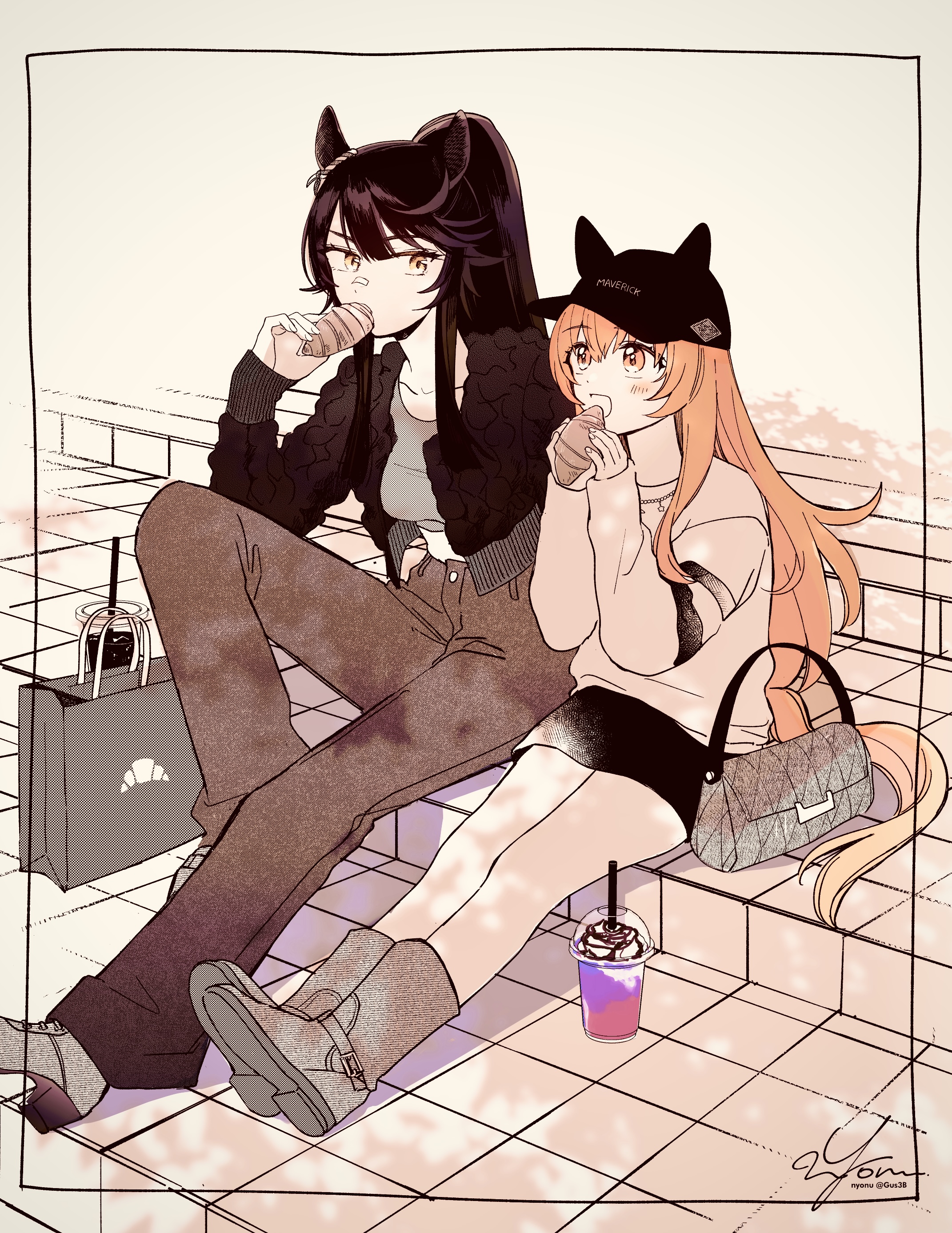 yonu (yonurime), mayano top gun (umamusume), narita brian (umamusume), umamusume, absurdres, commentary request, highres, 2girls, :d, animal ears, bag, bandaid, bandaid on face, bandaid on nose, black hair, black hat, black skirt, blush, boots, breasts, brown pants, casual, collarbone, croissant, crop top, cropped sweater, cup, ear ornament, ear scrunchie, eating, english text, food, full body, hat, holding, holding food, horse ears, horse girl, horse tail, long hair, long sleeves, looking at another, medium breasts, multiple girls, open mouth, orange eyes, orange hair, orange tail, pants, platform boots, ponytail, shopping bag, shoulder bag, sign, sitting, skirt, smile, sweater, tail, yellow eyes