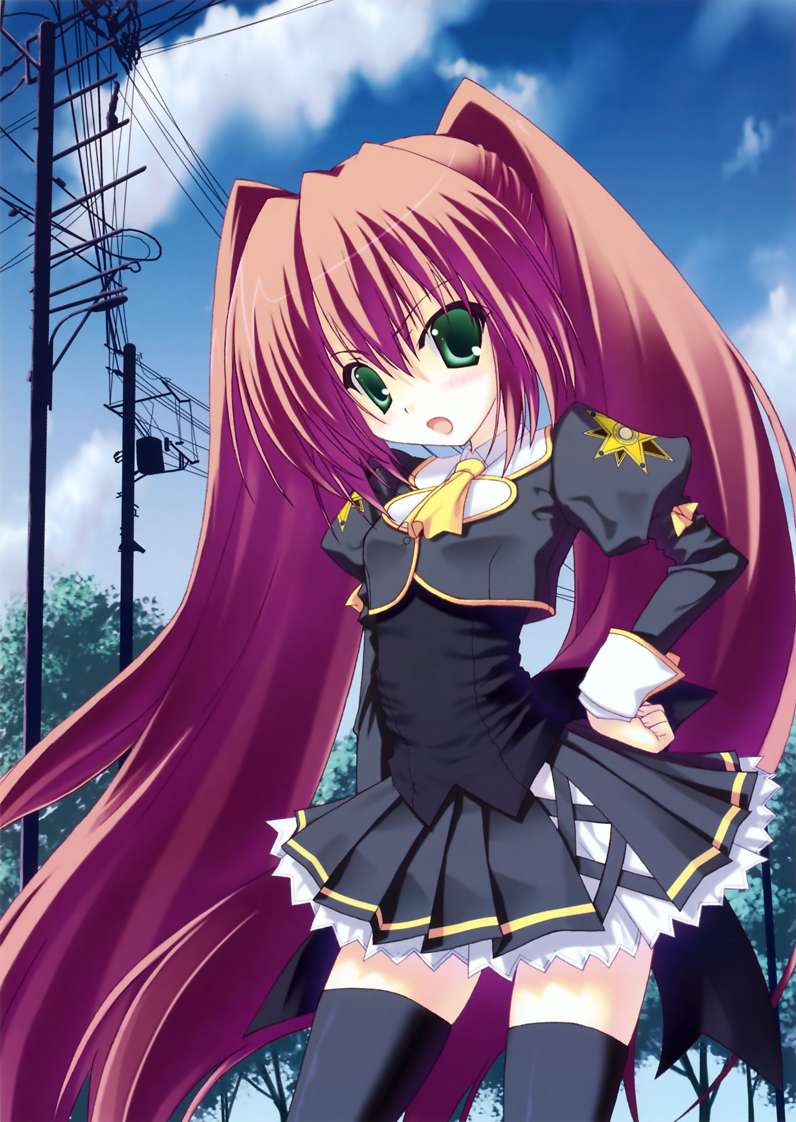 nanao naru, izumi sora, stellar theater, absurdres, highres, 1girl, black thighhighs, day, female focus, frown, green eyes, pink hair, school uniform, sky, solo, thighhighs, twintails