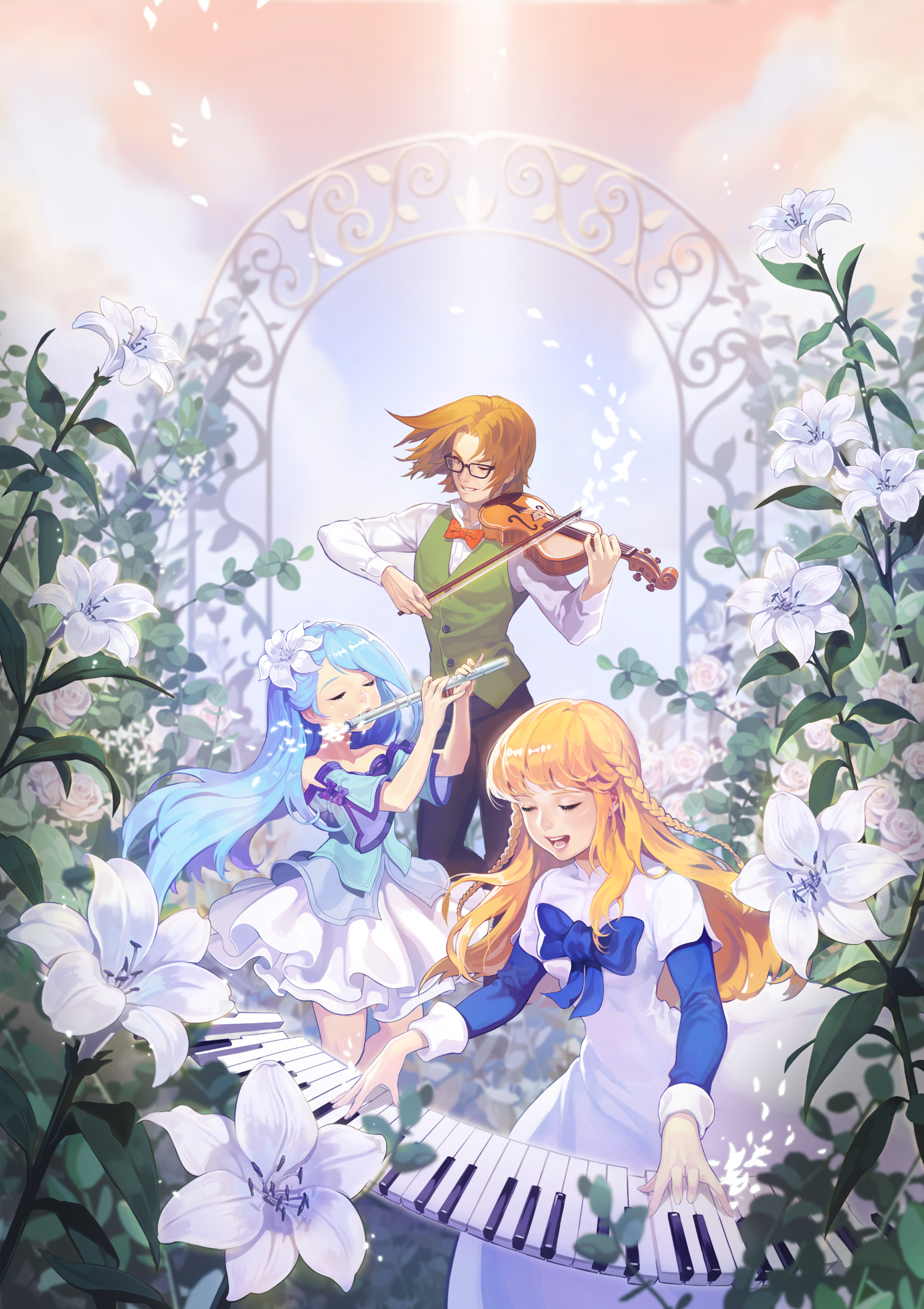 sang ah yoon, benya (tales weaver), maximin liebkne, tichiel juspian, nexon, tales weaver, commentary request, flower request, highres, korean commentary, 1boy, 2girls, alternate costume, black-framed eyewear, black pants, blonde hair, blue bow, blue hair, blue jacket, blue shirt, blue sleeves, bow, bow (music), bowtie, braid, buttoned cuffs, buttons, dated commentary, dress, dress bow, dress shirt, eyelashes, flower, flute, garden, green vest, grin, hair flower, hair intakes, hair ornament, high collar, holding, holding bow (music), holding flute, holding instrument, holding violin, instrument, jacket, layered dress, layered sleeves, long dress, long hair, long sleeves, medium dress, multiple girls, music, off-shoulder shirt, off shoulder, official alternate costume, one eye closed, open mouth, pants, piano keys, playing instrument, popped collar, purple bow, rectangular eyewear, red bow, red bowtie, rose, shirt, short hair, short over long sleeves, short sleeves, sleeve bow, sleeve cuffs, smile, solo, standing, straight hair, strapless, strapless dress, strapless shirt, teeth, tongue, twin braids, vest, violin, waistcoat, white flower, white petals, white rose, white sleeves, wide sleeves