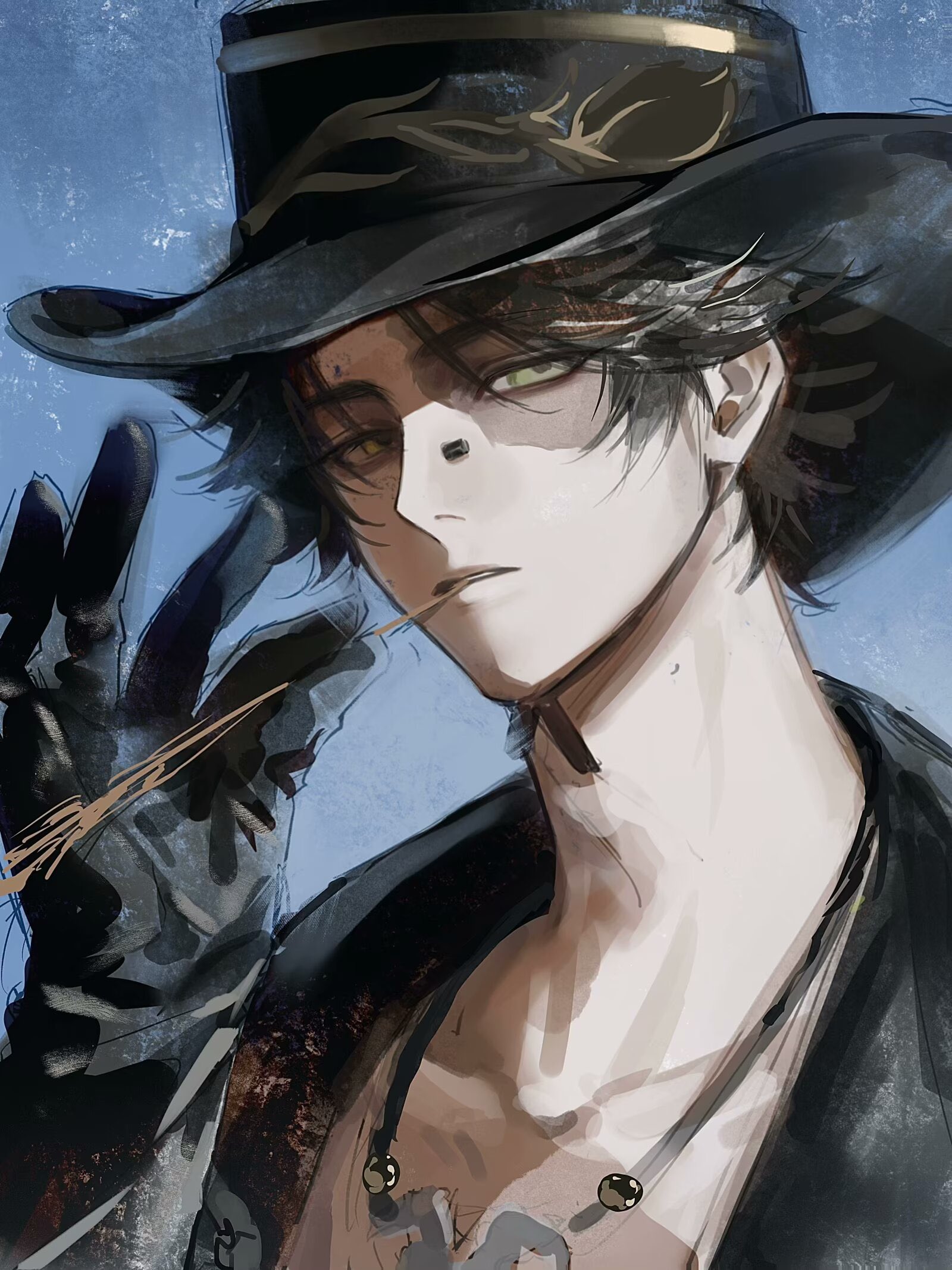 sushisushi iiii, norton campbell, norton campbell (the black tulip), identity v, hashtag-only commentary, highres, 1boy, black gloves, black hair, black hat, bridge piercing, cowboy hat, face piercing, gloves, green eyes, hat, jewelry, looking at viewer, male focus, mouth hold, official alternate costume, parted lips, pendant, piercing, scar, scar across eye, scar on face, short hair, solo, stalk in mouth