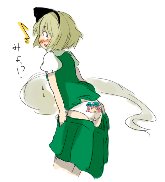 ishidamagu, konpaku youmu, konpaku youmu (ghost), saigyouji yuyuko, touhou, 1girl, accidental exposure, blonde hair, blush, character print, clothes pull, embarrassed, female focus, grey eyes, hairband, hitodama, looking back, open mouth, panties, print panties, short hair, simple background, sketch, skirt, skirt pull, skirt tug, solo, surprised, underwear, undressing, white background, white panties