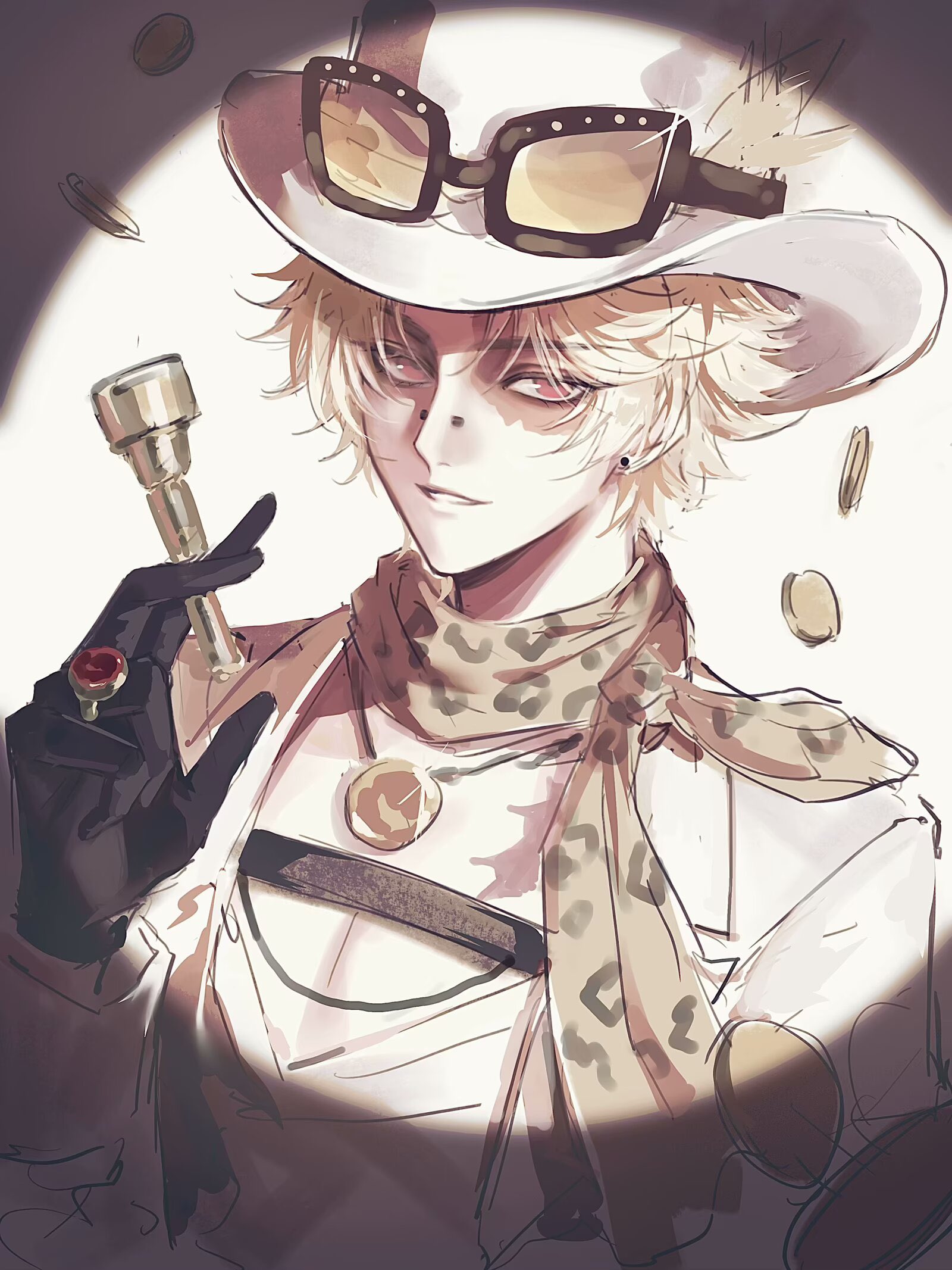 sushisushi iiii, norton campbell, norton campbell (dazzling lone wolf), identity v, hashtag-only commentary, highres, 1boy, animal print, black gloves, blonde hair, coin, cowboy hat, eyewear on headwear, falling money, gloves, hat, jacket, jewelry, leopard print, looking at viewer, male focus, official alternate costume, parted lips, pectoral cleavage, pectorals, print scarf, red eyes, ring, scar, scar across eye, scar on face, scarf, shirt, smile, solo, spotlight, white hat, white jacket, white shirt