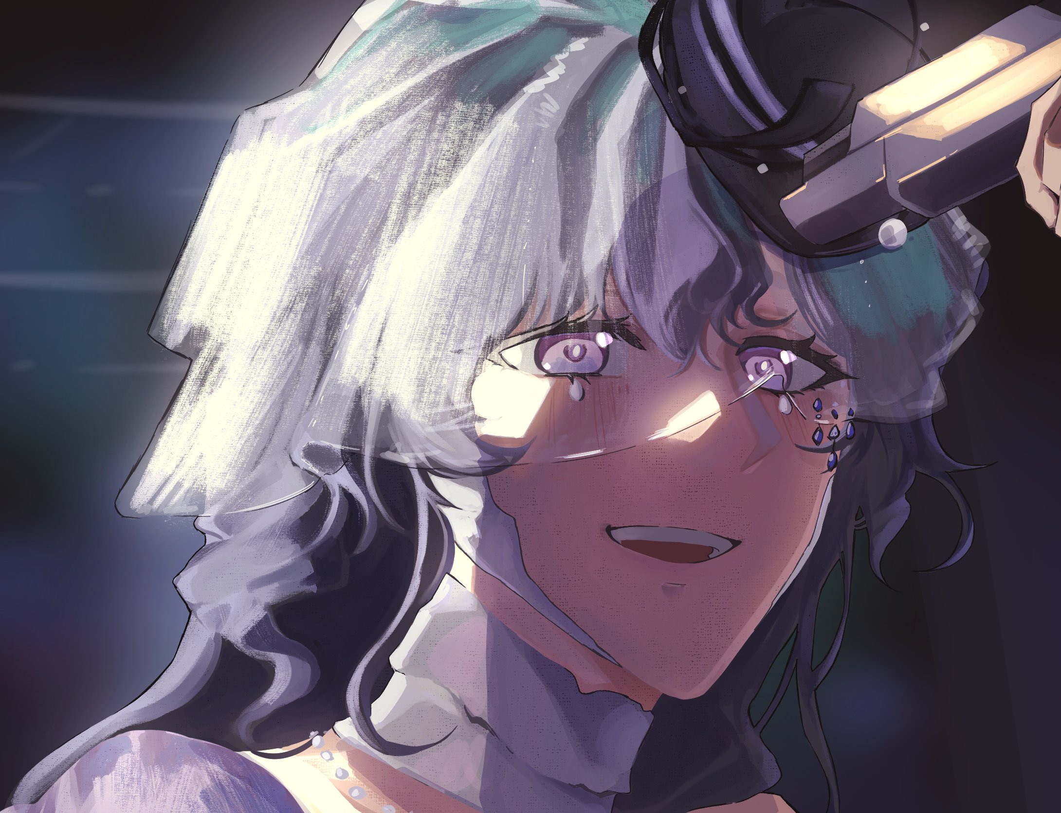 phunkey, isolde (reverse:1999), reverse:1999, highres, 1girl, 1other, :d, aiming at another, at gunpoint, black hair, black hat, dark background, gun, handgun, hat, holding, holding gun, holding weapon, jewel under eye, long hair, open mouth, portrait, purple eyes, see-through clothes, see-through veil, smile, solo focus, teeth, upper teeth only, veil, weapon