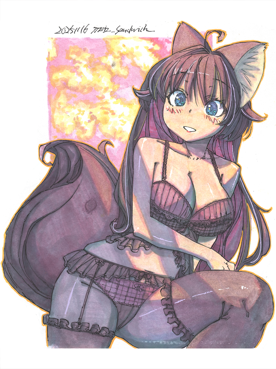 meiz, original, highres, making-of available, marker (medium), traditional media, 1girl, ahoge, animal ear fluff, animal ears, babydoll, blue eyes, blush, bow, bow panties, bra, breasts, brown hair, cleavage, dated, fox ears, fox girl, fox tail, frilled garter belt, frilled thighhighs, frills, garter belt, hair between eyes, lace, lace-trimmed bra, lace-trimmed panties, lace trim, large breasts, lingerie, long hair, looking at viewer, open mouth, panties, pink bra, pink panties, shikishi, smile, solo, tail, thighhighs, twitter username, underwear, underwear only