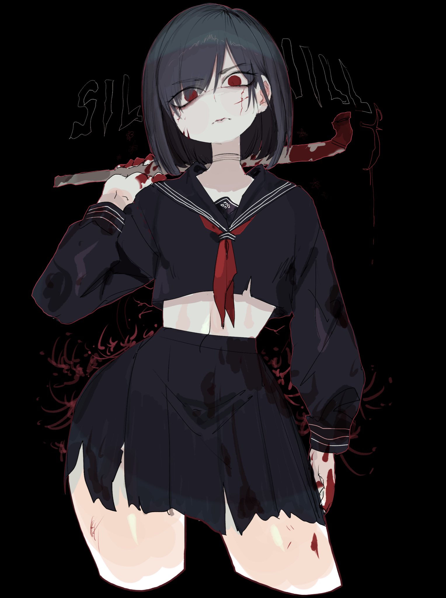 usa37107692, shimizu hinako, silent hill (series), silent hill f, commentary, highres, 1girl, black background, black hair, black sailor collar, black serafuku, black skirt, blood, blood on clothes, blood on face, blood on hands, bloody weapon, bob cut, choker, closed mouth, copyright name, cropped legs, cropped shirt, empty eyes, eyelashes, flower, from below, hair over one eye, head tilt, holding, holding lead pipe, holding weapon, improvised weapon, lead pipe, light frown, long sleeves, looking at viewer, midriff, neckerchief, over shoulder, pale skin, pleated skirt, red eyes, red flower, red neckerchief, sailor collar, school uniform, serafuku, shirt, short hair, simple background, skirt, solo, spider lily, staring, swept bangs, torn clothes, torn shirt, torn skirt, weapon, weapon over shoulder, white choker, wide hips