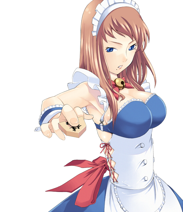 pirlo, ukeshi, 81diver, bad id, bad pixiv id, bell, blue eyes, board game, bow, bow choker, breasts, brown hair, choker, cleavage, collar, dress, large breasts, long hair, maid, mole, neck bell, shogi, solo
