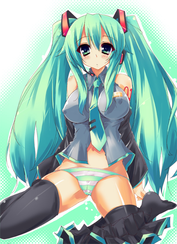 akikaze tsumuji, hatsune miku, vocaloid, aqua eyes, aqua hair, blush, breasts, clothes pull, covered erect nipples, detached sleeves, kneeling, large breasts, long hair, necktie, panties, skirt, skirt pull, solo, striped clothes, striped panties, thighhighs, twintails, underwear