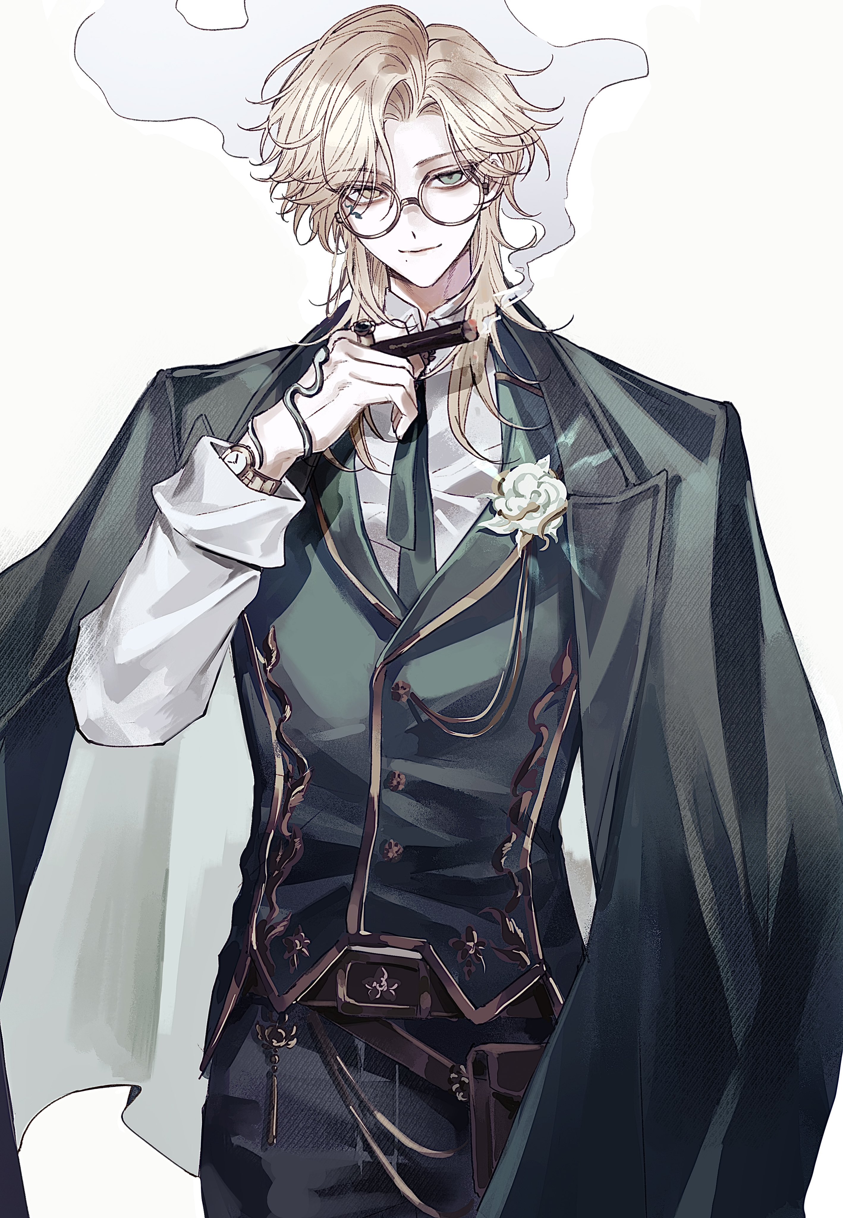 sushisushi iiii, richard sterling (art dealer), identity v, absurdres, hashtag-only commentary, highres, 1boy, belt, black pants, blonde hair, brown belt, cigar, cowboy shot, eyewear strap, flower, glasses, gold trim, green eyes, green jacket, green ribbon, green vest, hair intakes, head tilt, heterochromia, holding, holding cigar, jacket, jacket on shoulders, long hair, looking at viewer, male focus, mole, mole under mouth, neck ribbon, official alternate costume, pants, ribbon, richard sterling, rose, round eyewear, semi-rimless eyewear, shirt, solo, vest, watch, white background, white flower, white rose, white shirt, wristwatch, yellow eyes