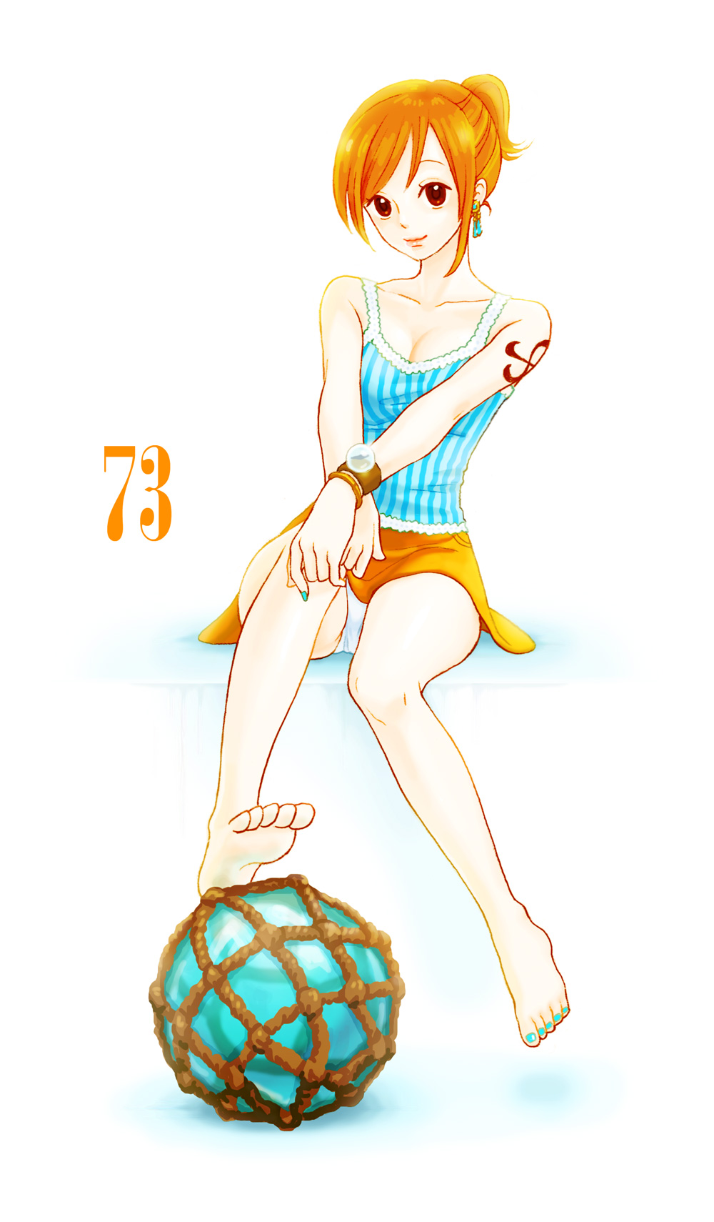 biafura, nami (one piece), one piece, highres, 1girl, aqua nails, barefoot, breasts, brown eyes, cleavage, earrings, feet, female focus, glass float, jewelry, nail polish, orange hair, panties, pantyshot, shirt, short hair, sitting, skirt, smile, solo, striped clothes, striped shirt, tattoo, toenail polish, toenails, underwear, upskirt, vertical stripes