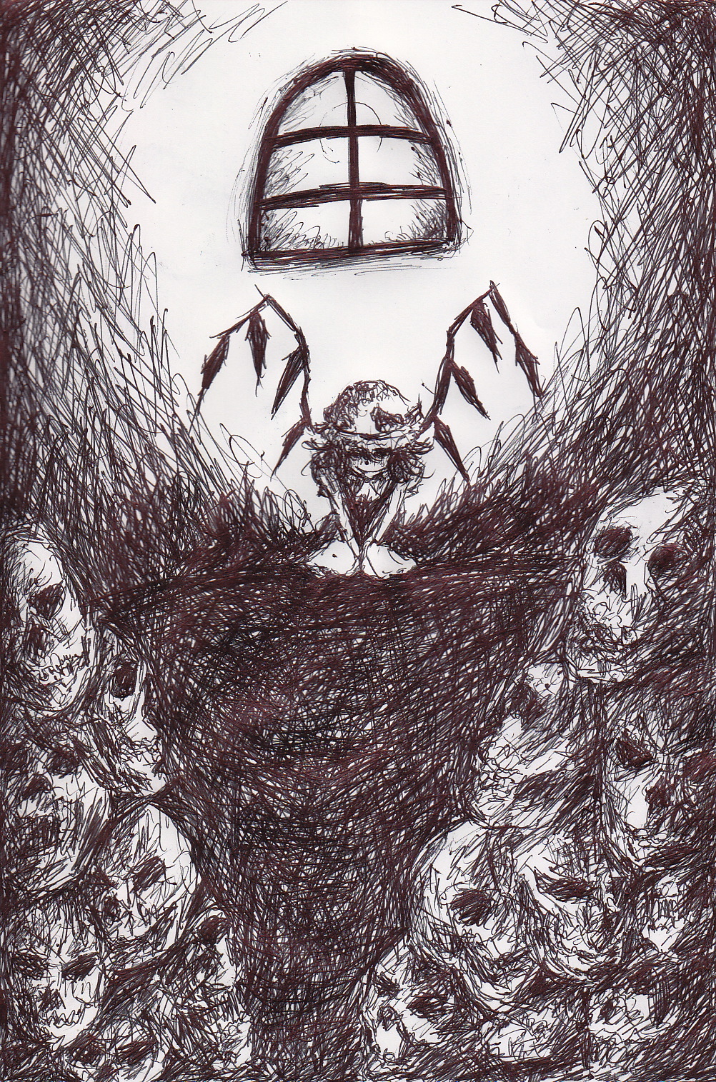 let (starlet 5mt), flandre scarlet, touhou, highres, traditional media, 1girl, female focus, hat, hidden eyes, mob cap, monochrome, purple theme, shaded face, sketch, skull, solo