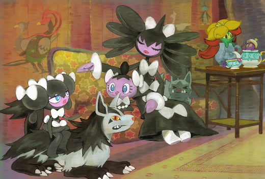 bombirdier, eiscue, eiscue (noice), gossifleur, gothita, gothitelle, gothorita, mightyena, polteageist, poochyena, sinistea, unfezant, unfezant (female), unfezant (male), nintendo, pokemon, pokemon legends: z-a, artist request, commentary, english commentary, official art, third-party source, > <, aqua eyes, bright pupils, claws, closed eyes, colored sclera, couch, cup, evolutionary line, eyelashes, gen 3 pokemon, gen 5 pokemon, gen 8 pokemon, indoors, jitome, lips, on couch, pokemon (creature), pokemon focus, red eyes, sharp teeth, sitting, slit pupils, table, teacup, teapot, teeth, vase, white pupils, yellow sclera