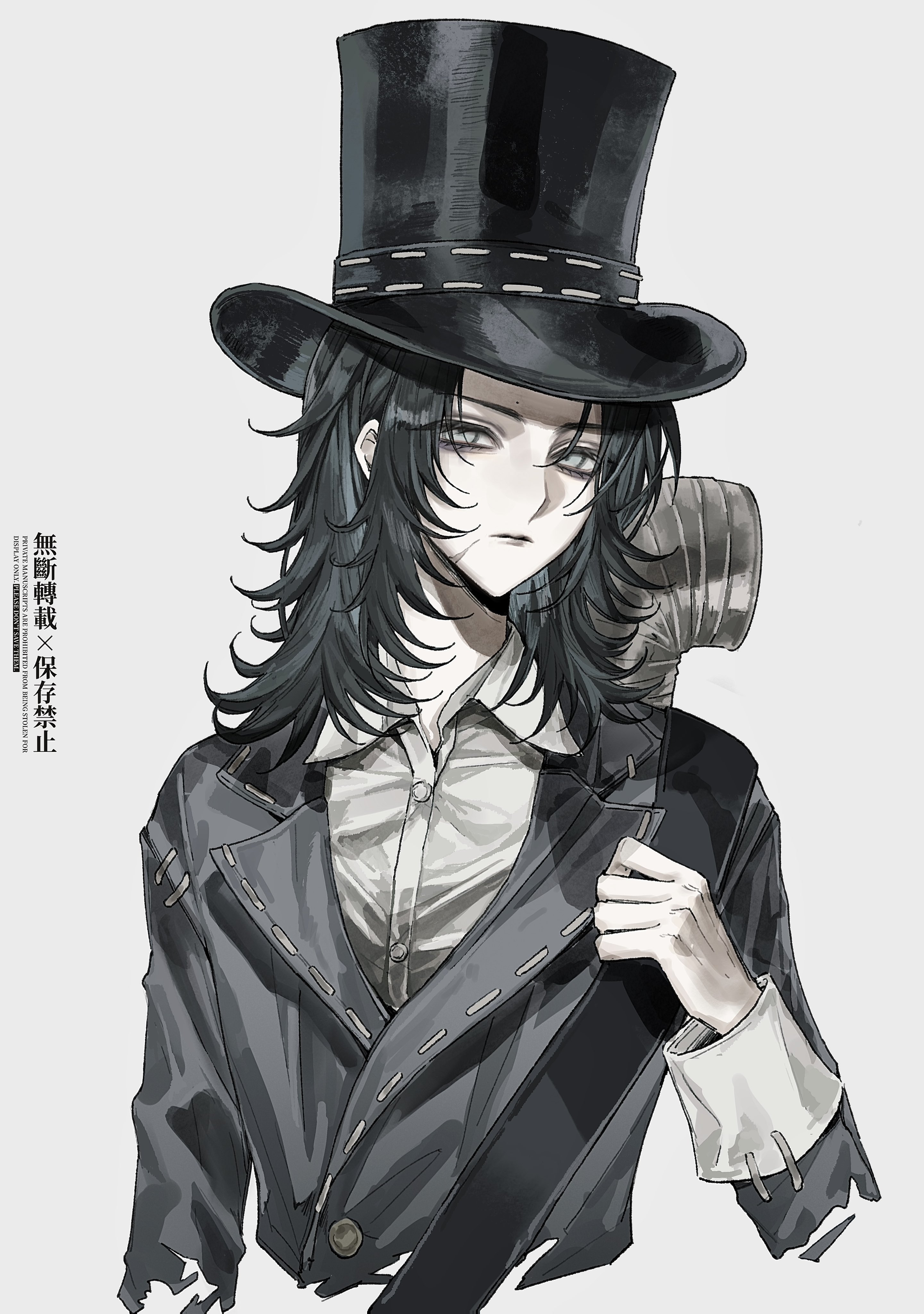 sushisushi iiii, identity v, absurdres, highres, 1girl, amanda gaddis, bags under eyes, black hair, black jacket, cropped torso, expressionless, hat, jacket, looking at viewer, scar, scar on face, shirt, solo, top hat, upper body, white eyes, white shirt