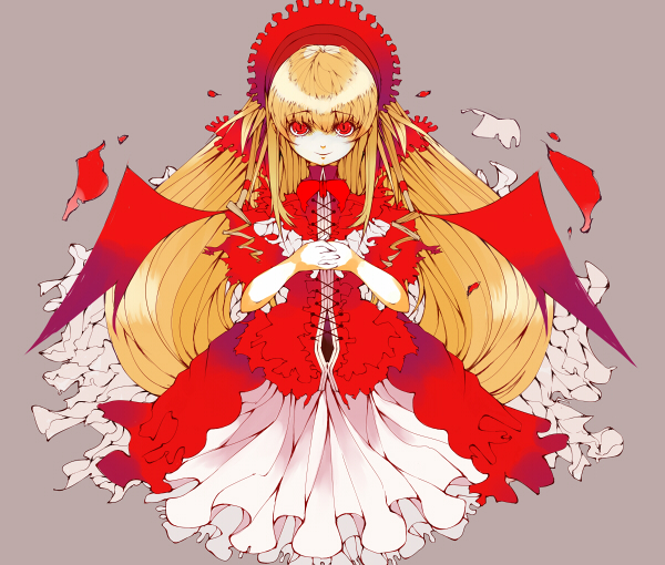 makino (pixiv), shinku, rozen maiden, bad id, bad pixiv id, 00s, blonde hair, bonnet, dress, red eyes, simple background, solo, symmetry, wings